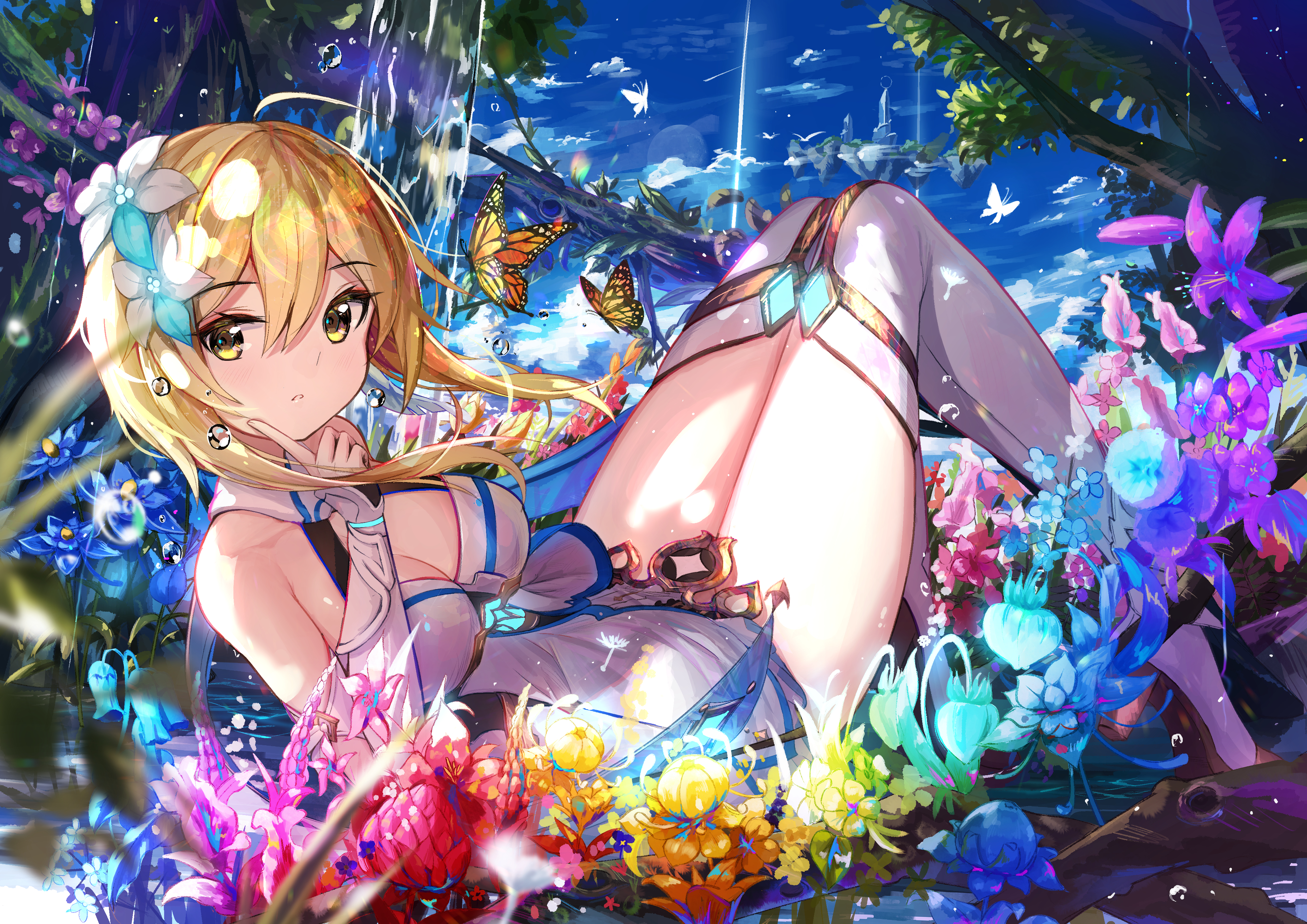 金发 腿 动漫 女孩 原神 五颜六色 花 4K高清壁纸 4093×2894