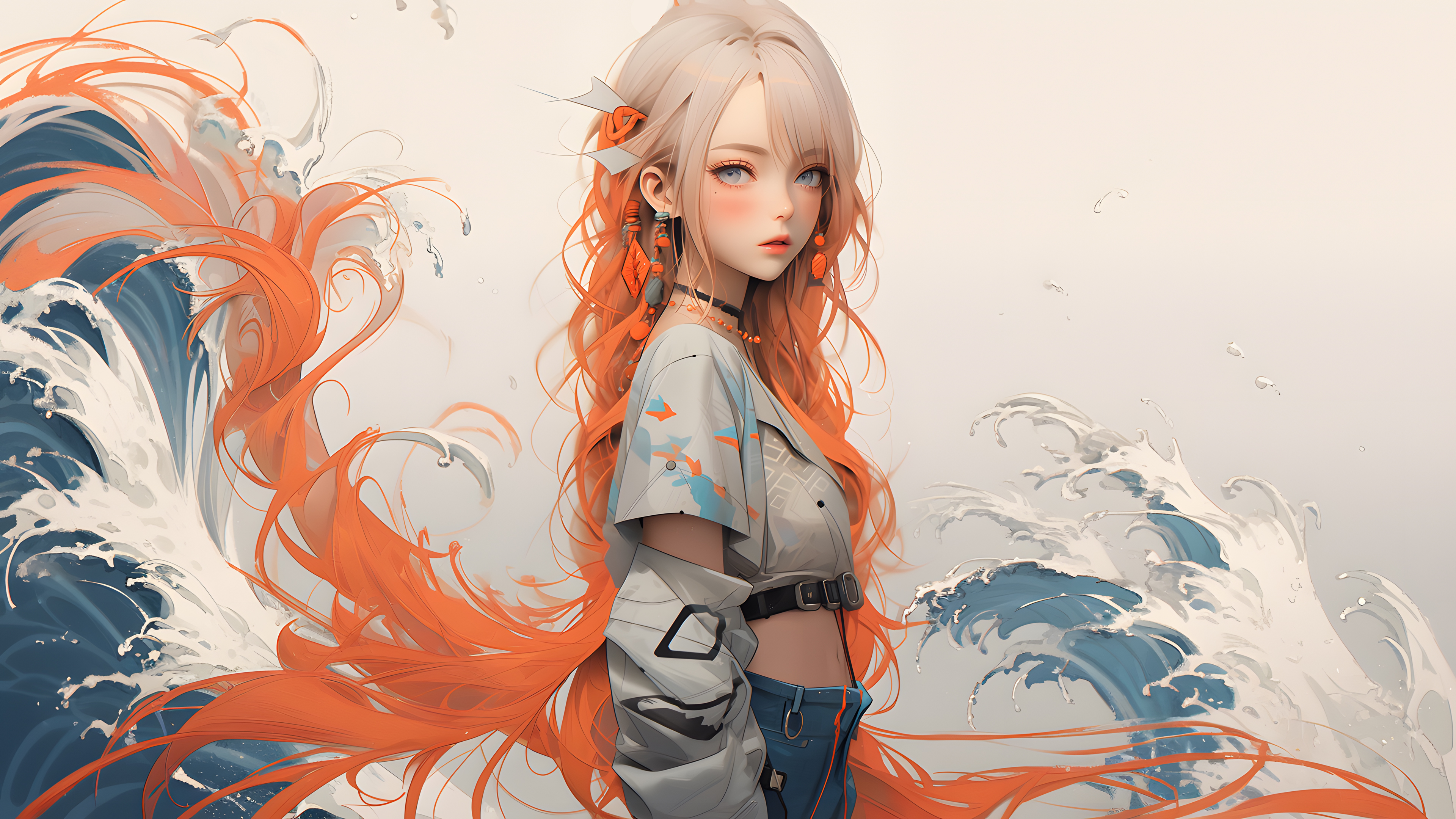 女 长发 头发 痣 泪痣 艺术 水 AI艺术 简单背景 波浪 极简主义 双色头发 粉彩 壁纸 3840×2160