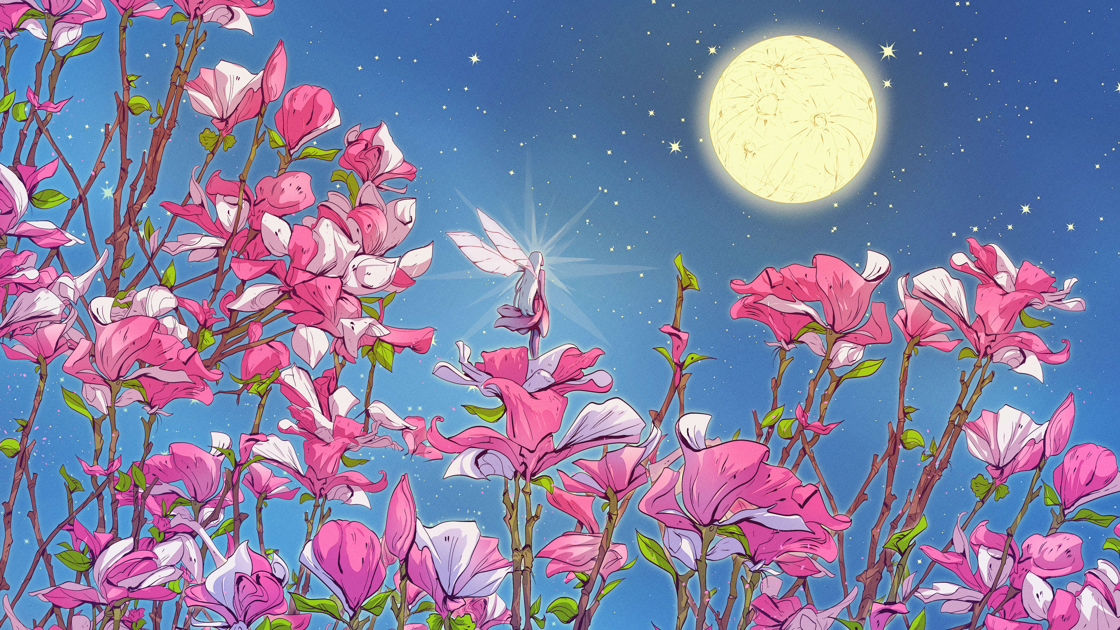 仙女 AI艺术 奇幻艺术 花朵 夜晚 天空 月亮 星星 木兰花 精灵 壁纸 3840×2160