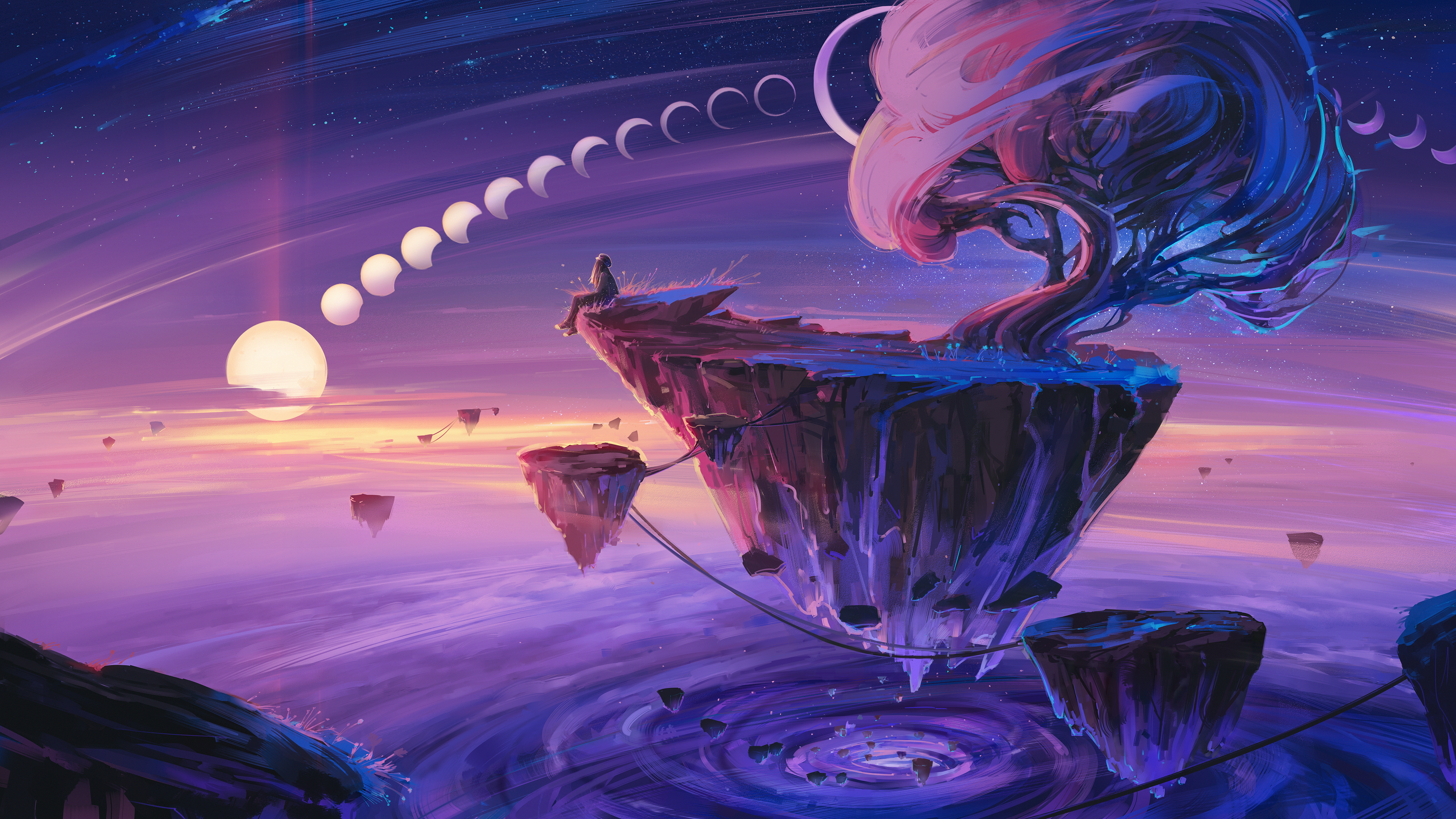 超清AI艺术 插图 风景 自然 奇幻艺术 漂浮 岛屿 树木 月亮 绘画 桌面壁纸 3840×2160