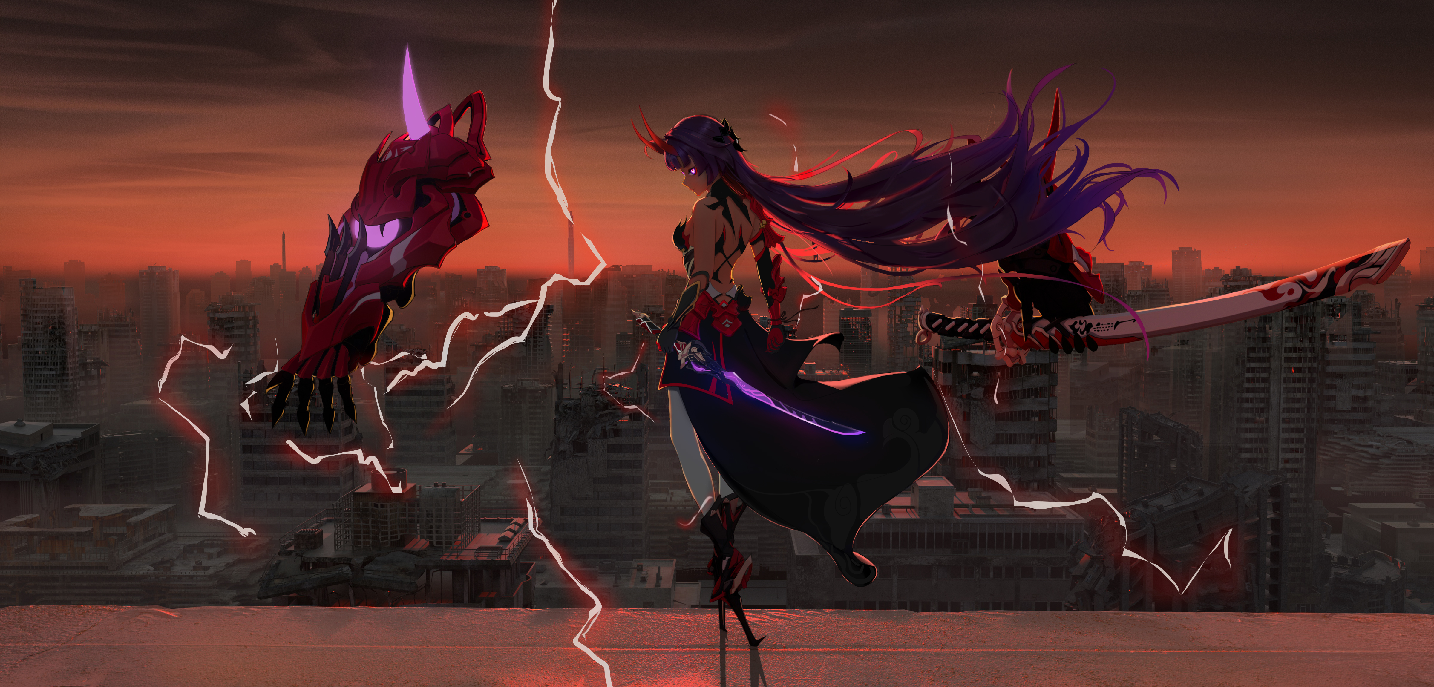 动漫 女孩 角 闪电 奇幻 玄幻 鬼臂 4K高清壁纸 4800×2300
