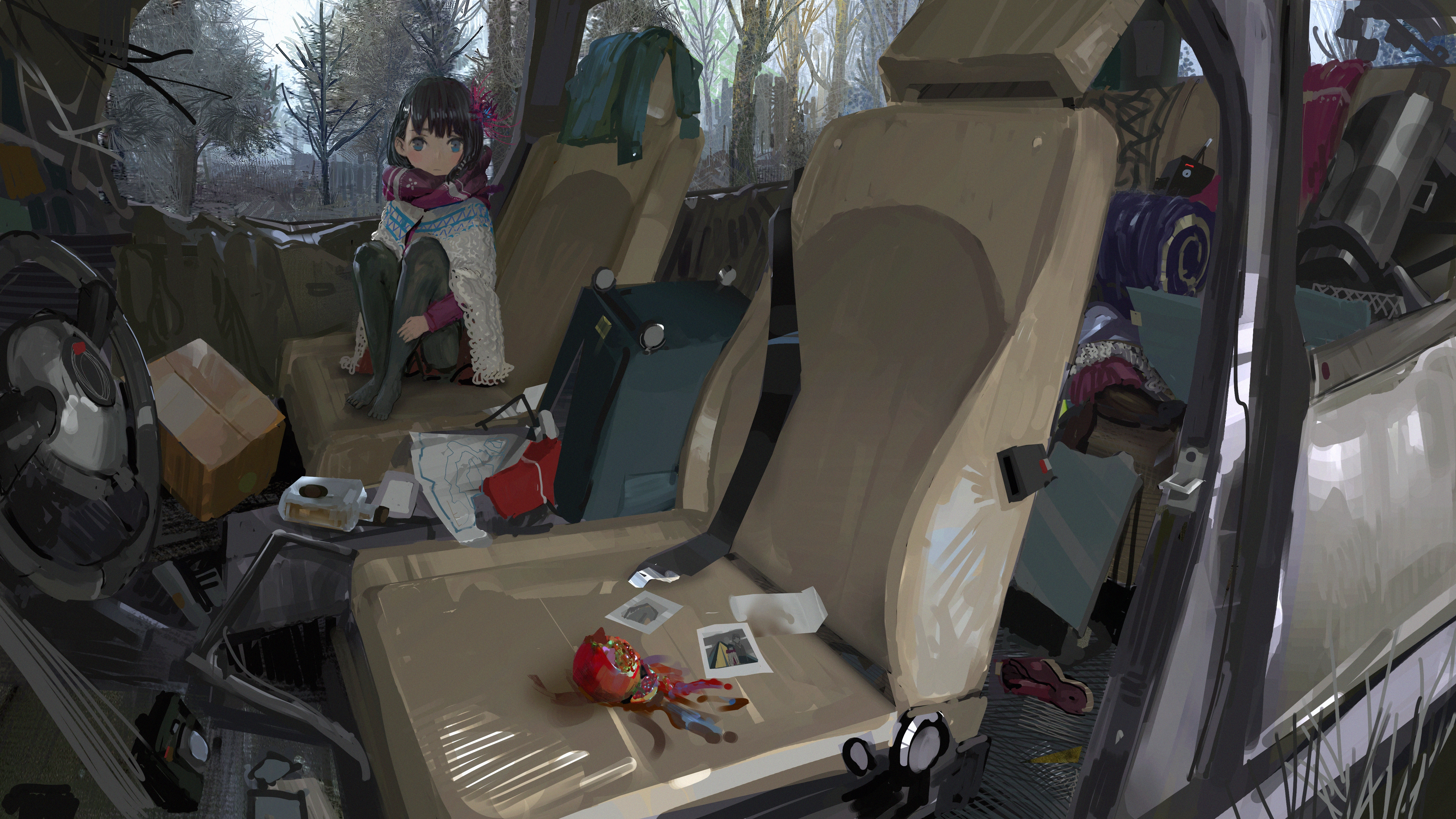 原创 人物 刘海 坐着 画 黑头发 花 围巾 遗弃 树 环境 汽车 动漫 莫伊勒 女孩 AI艺术 壁纸 5333×3000
