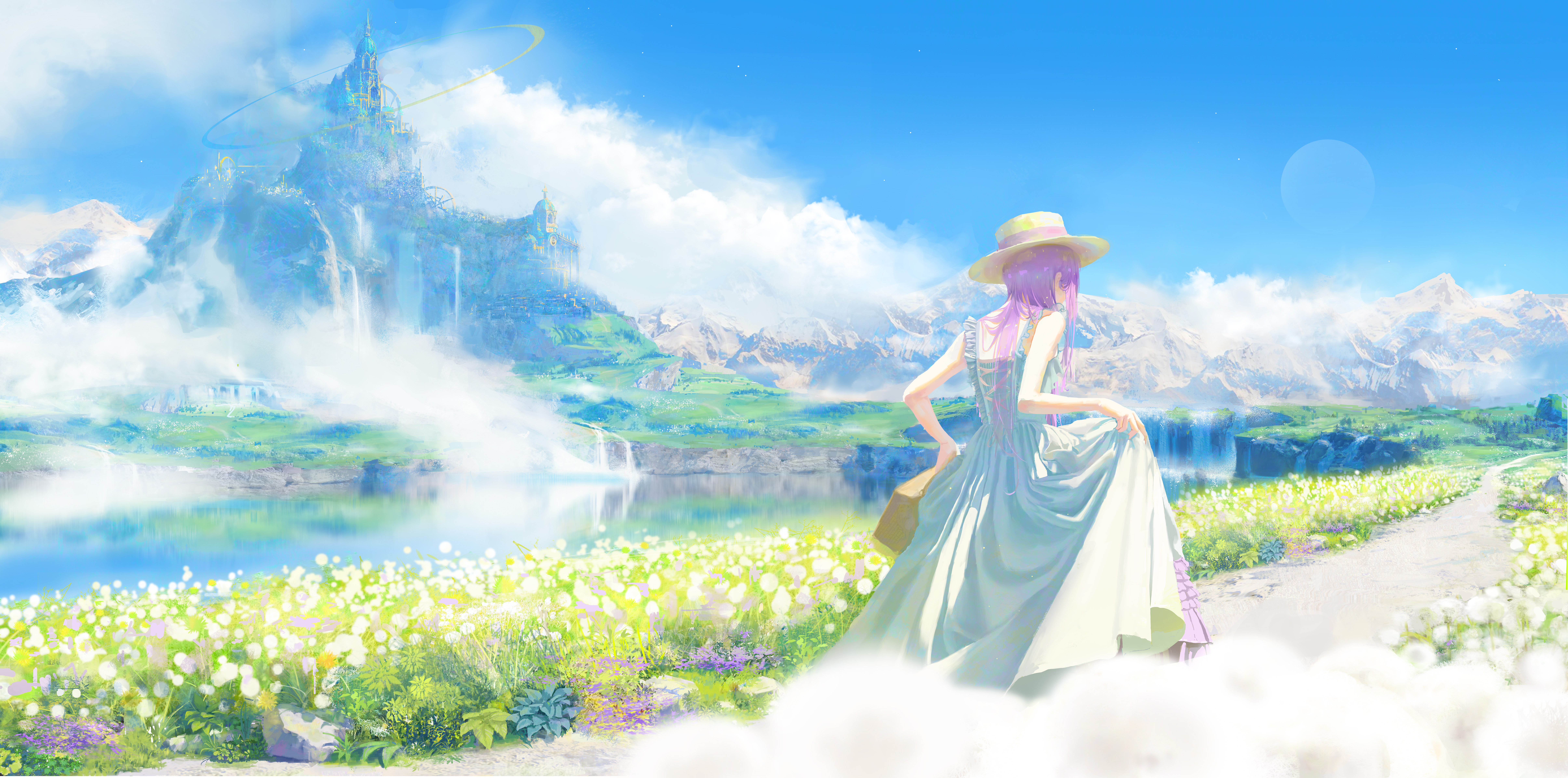 原创 人物 动漫 女孩 风景 湖泊 天空 山 云 衣服 手机壁纸 9644×4785