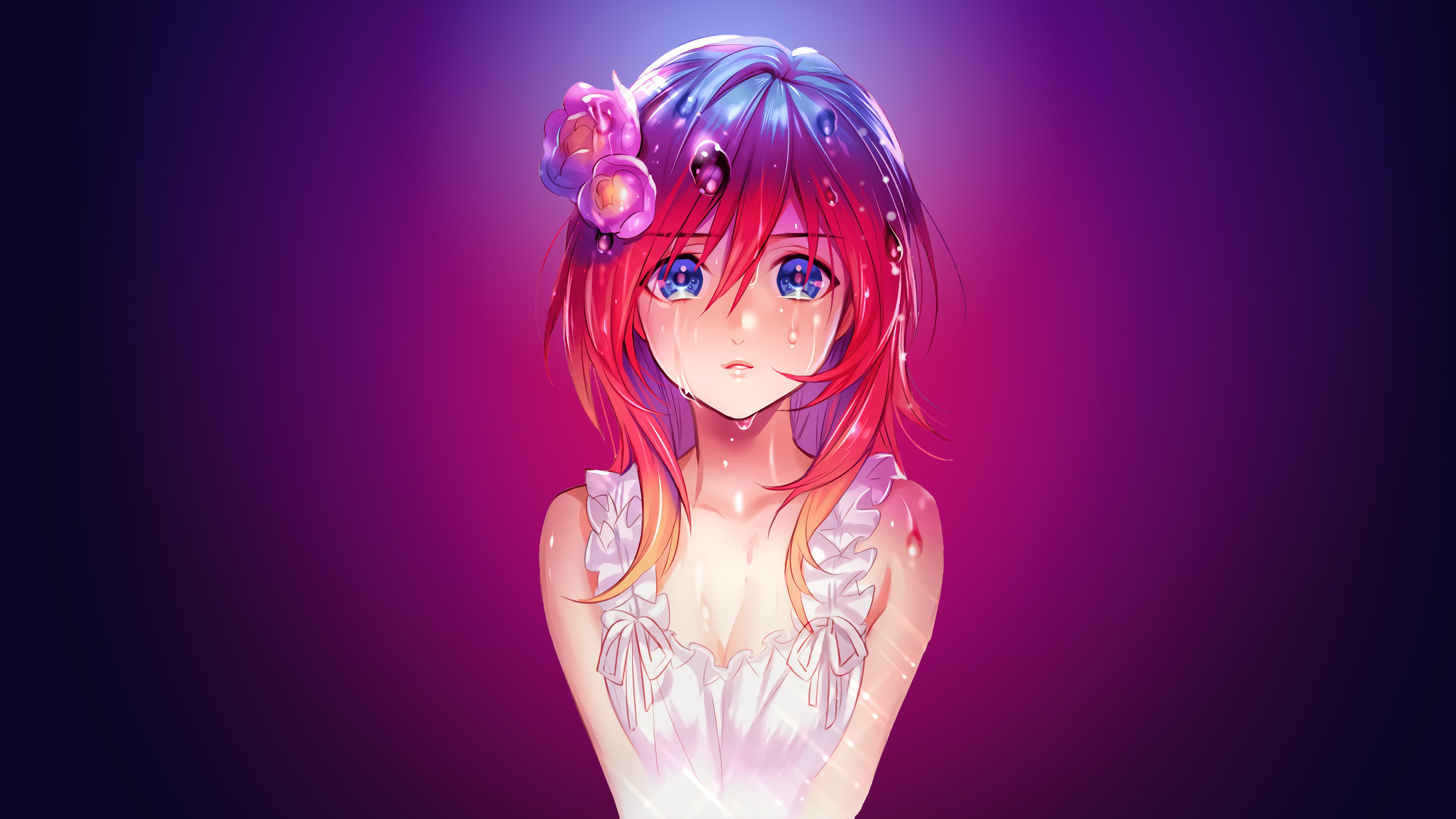 热门长发 红发 蓝眼睛 动漫 女孩 水滴 壁纸 3840×2160