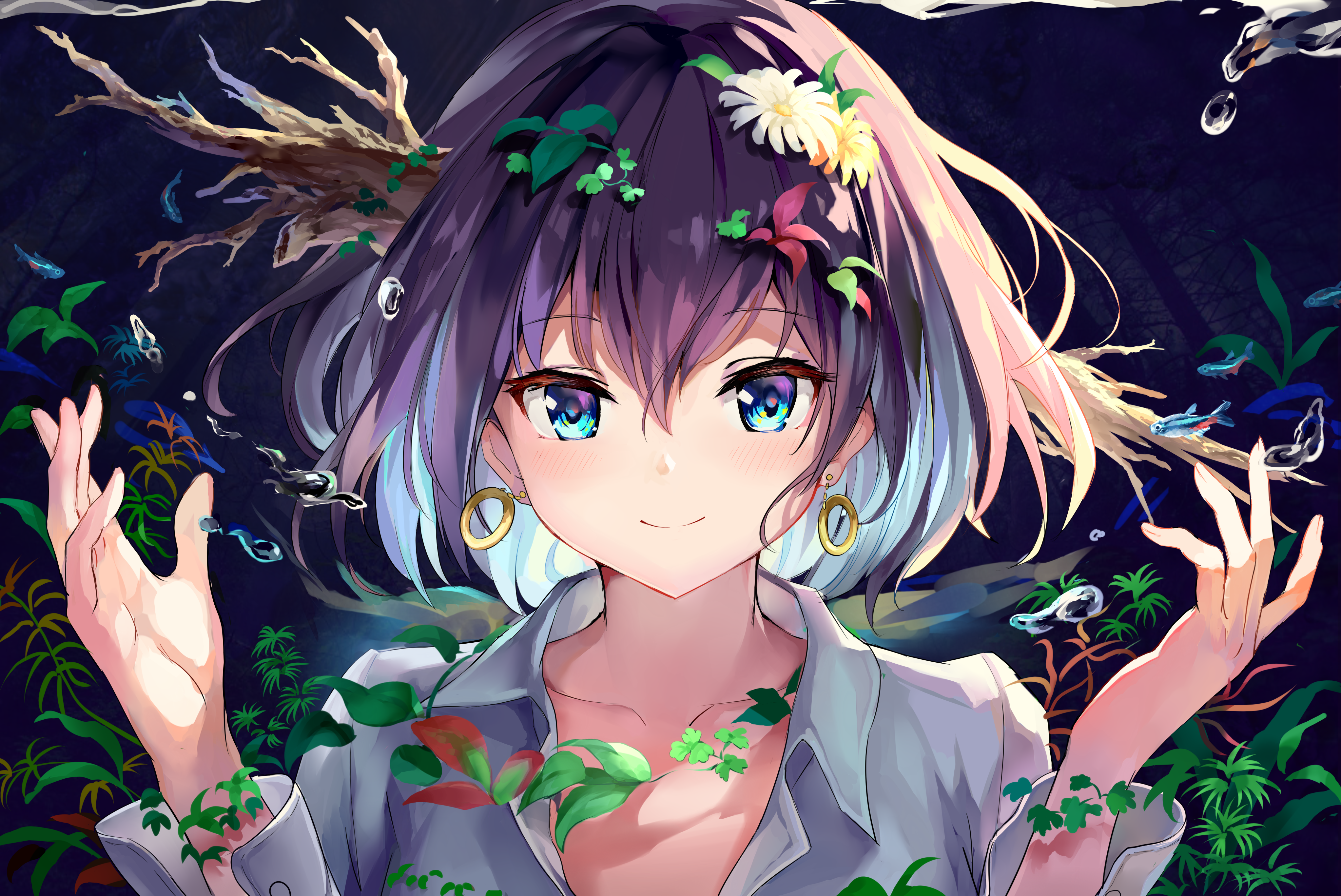 热门原创 人物 黑头发 蓝眼睛 微笑 女孩 动漫 肖像 衬衫 耳环 植物 鲜花 水滴 自然 鱼 素描 AI艺术 插图 高清壁纸 4092×2734