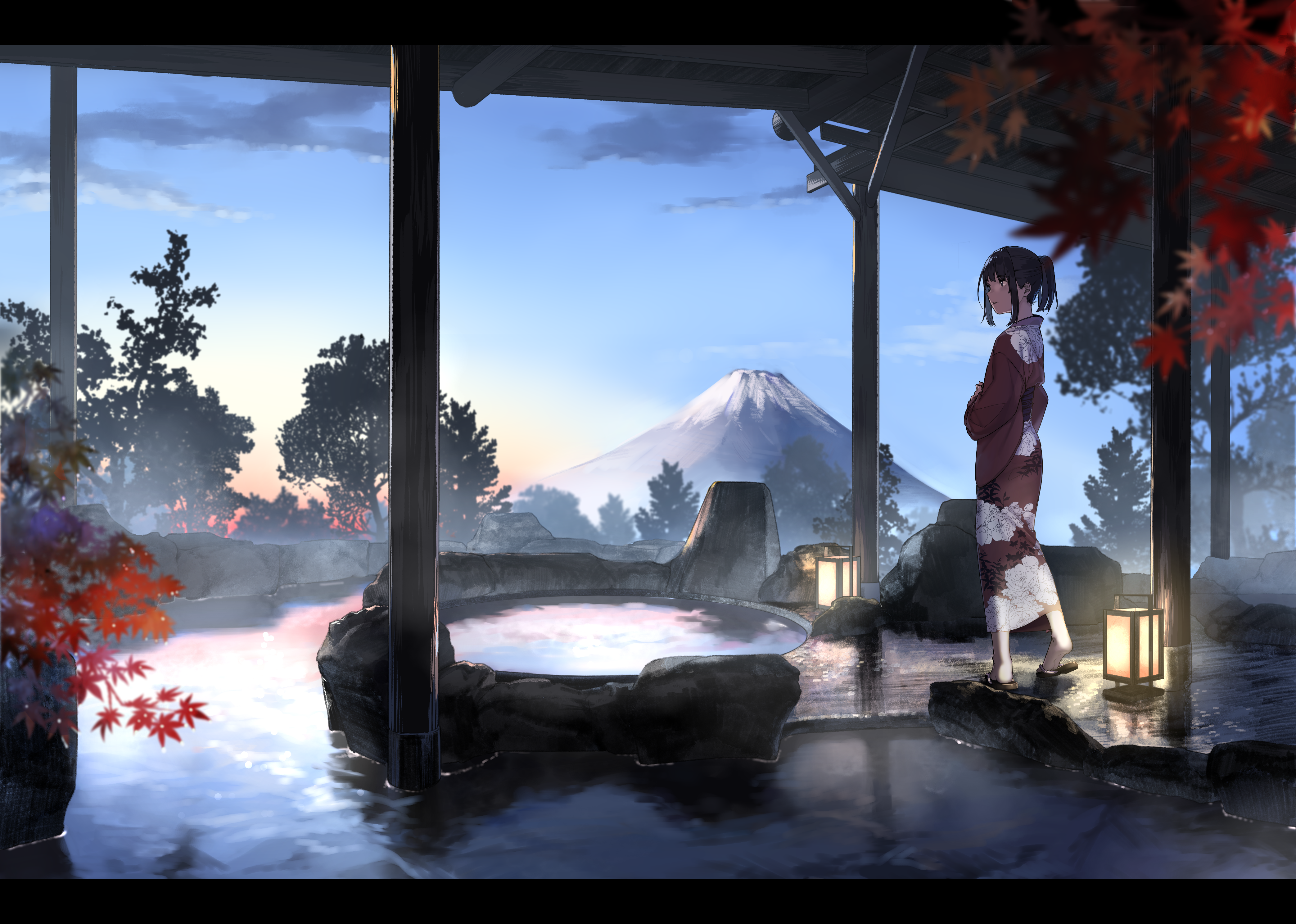 原创 人物 动漫 女孩 山 浴衣 水 灯笼 无水印壁纸 4175×2976