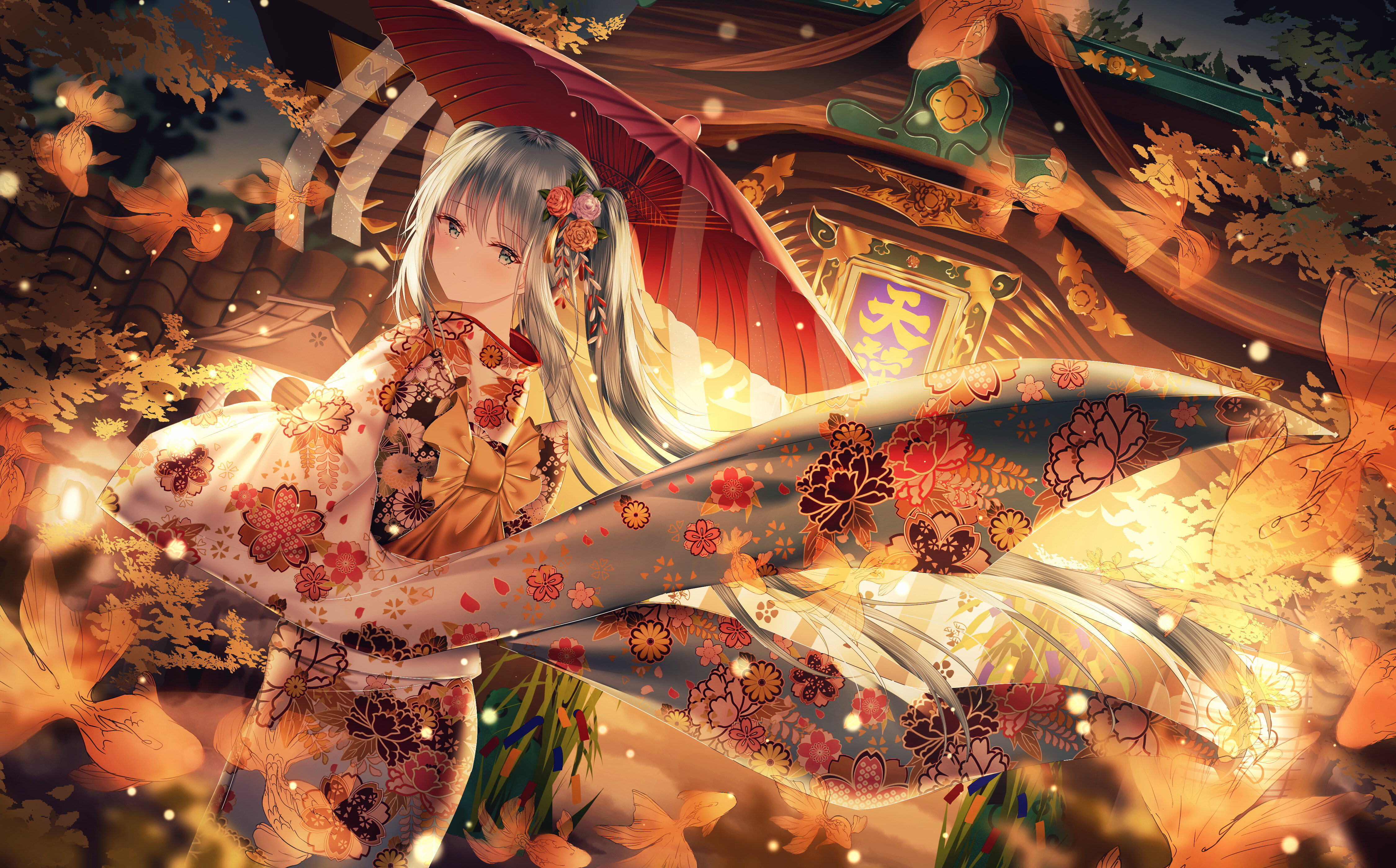 长发 动漫 女孩 数码艺术 肖像 和服 小提琴 初音 雨伞 服装 银发 4K壁纸 4500×2800