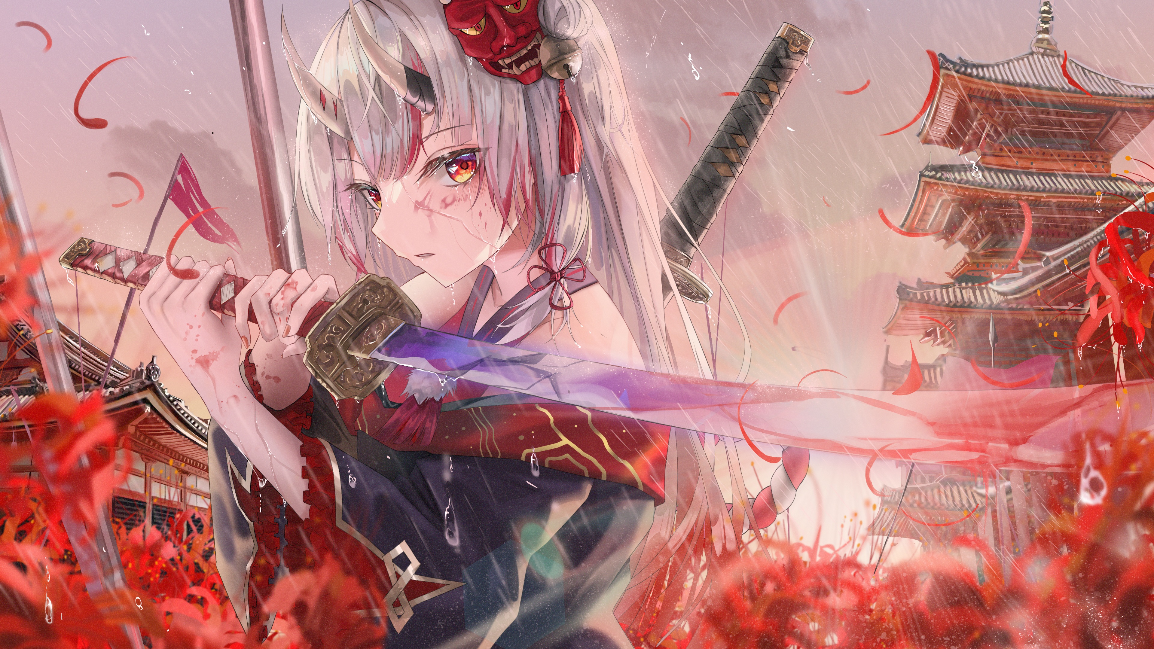 高清橙色眼睛 动漫 女孩 号角 银发 剑 服装 片名 雨 全息 虚拟 壁纸 3840×2160