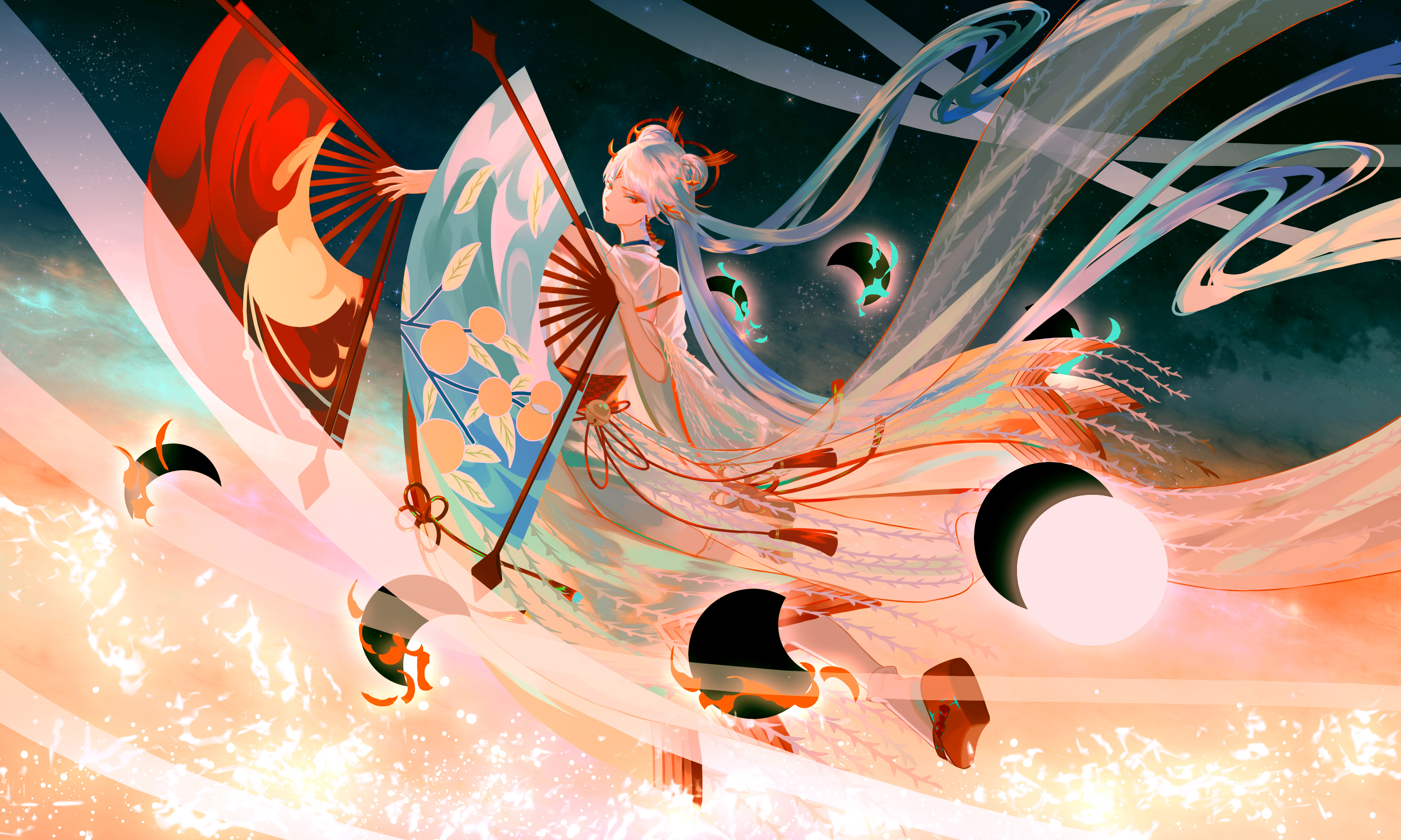 高清红眼 动漫 女孩 月亮 星星 太空 丝带 古装 阴阳师 壁纸 4134×2480