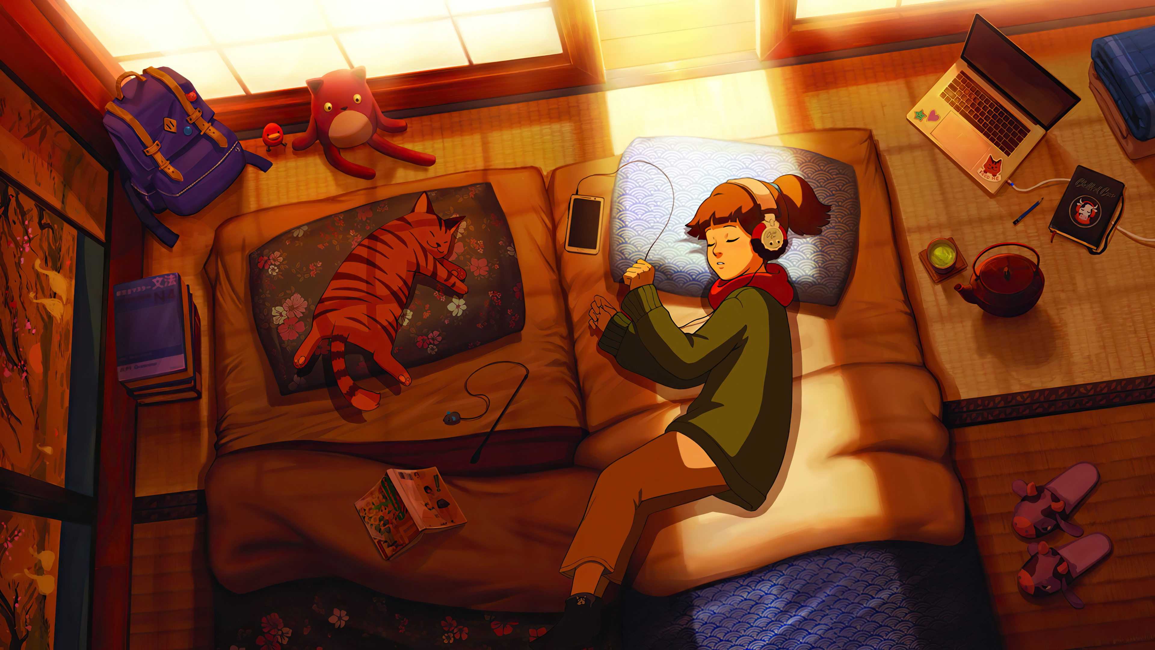 唯美睡眠 书包 阳光 笔记本 电脑 猫 抱枕 午睡 4K壁纸 3840×2160