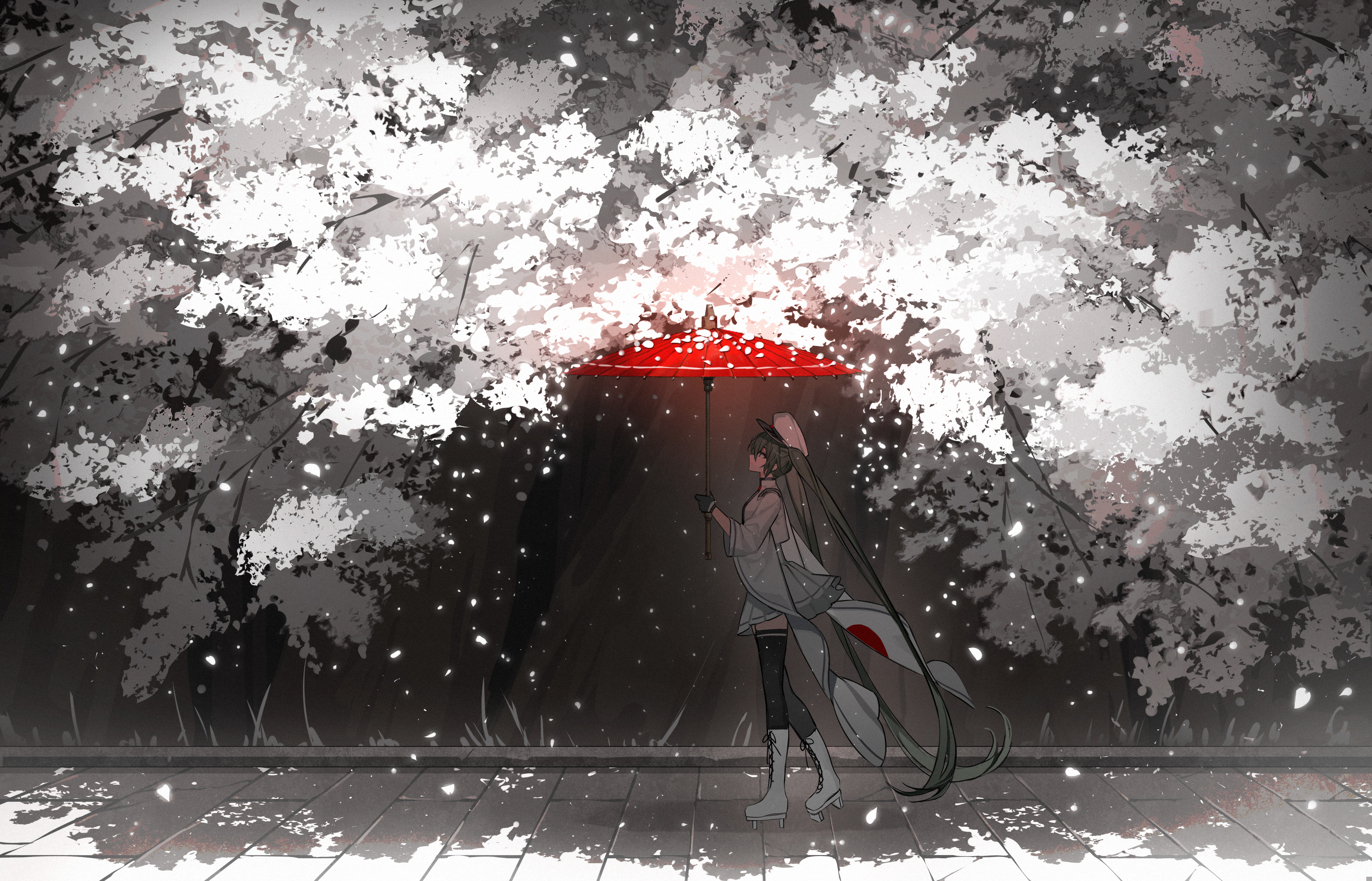 长发 抬头 走路 动漫 女孩 雨伞 手套 帽子 树 花瓣 旗帜 手机壁纸 3862×2480