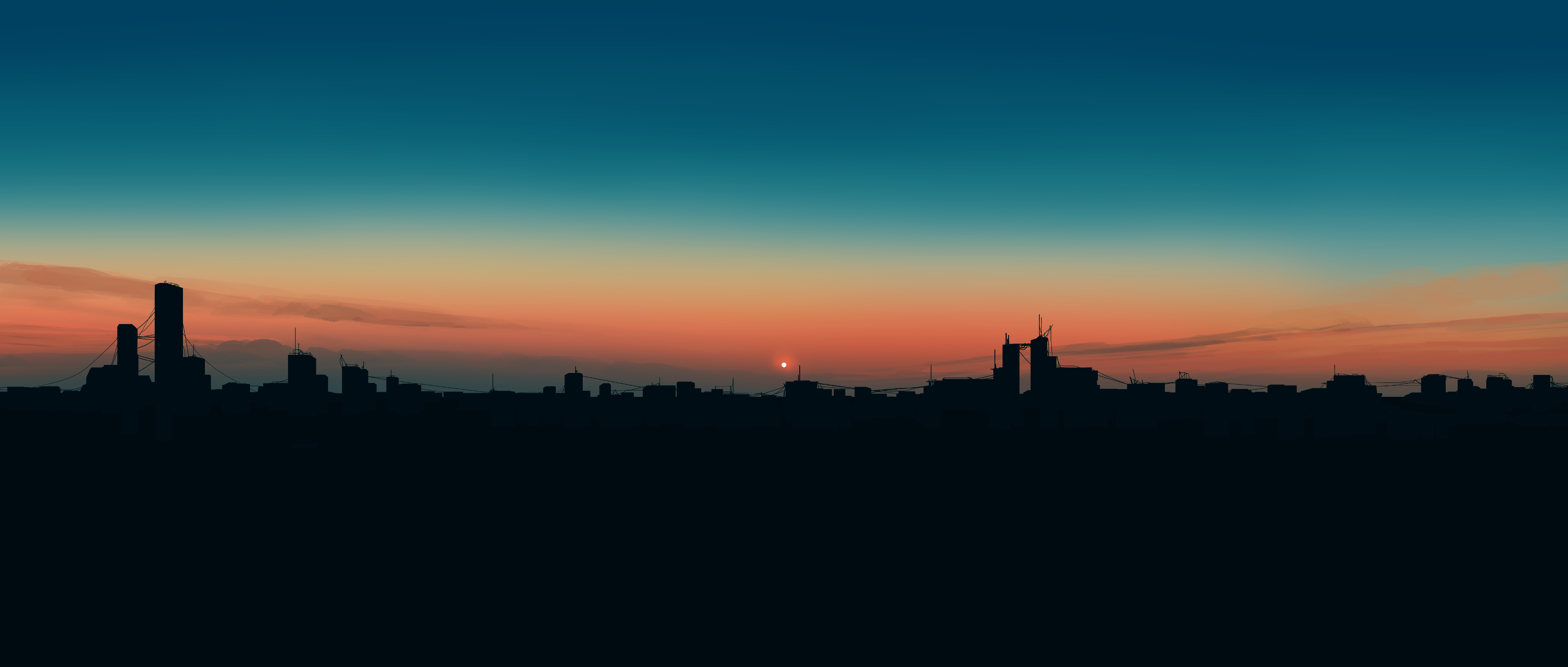 优雅 夕阳 城市 地平线 夕阳辉光 剪影 天空 4K高清壁纸 5640×2400