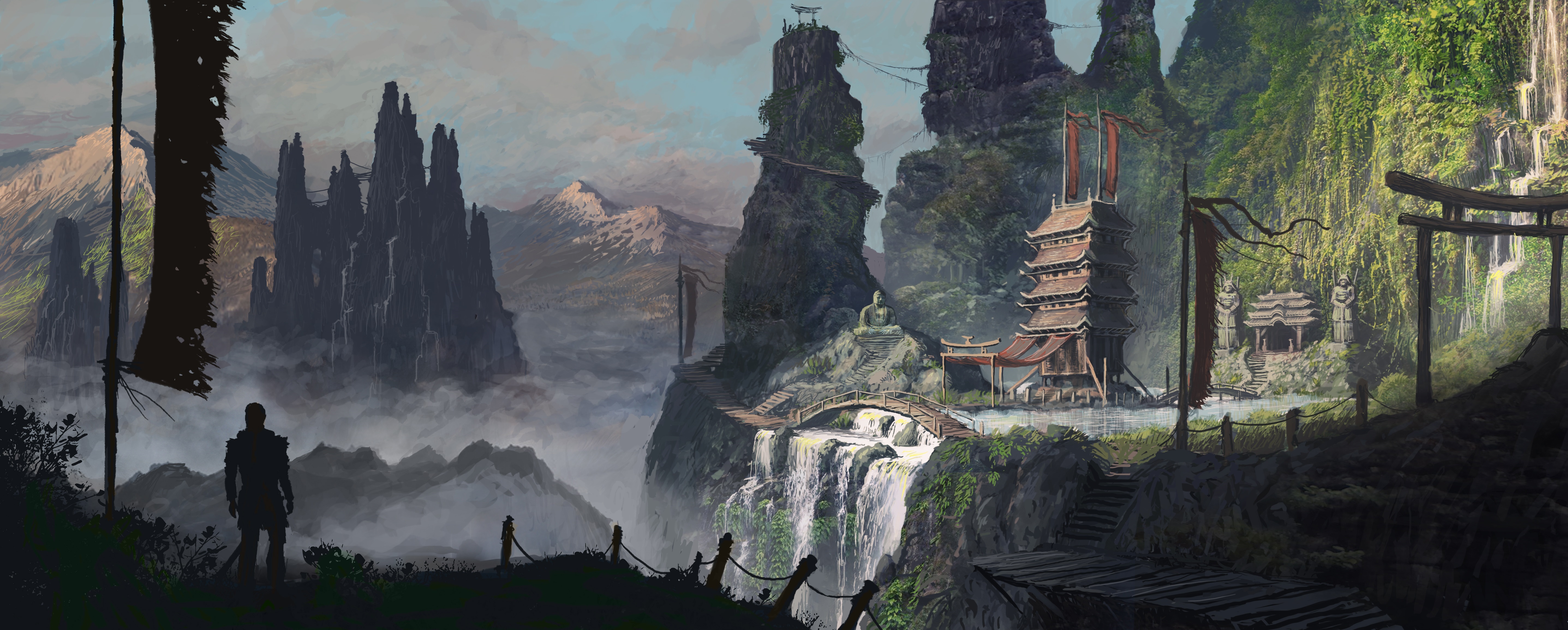 战士 武者 AI艺术 风景 寺庙 山脉 奇幻艺术 环境 雕像 壁纸 5747×2309
