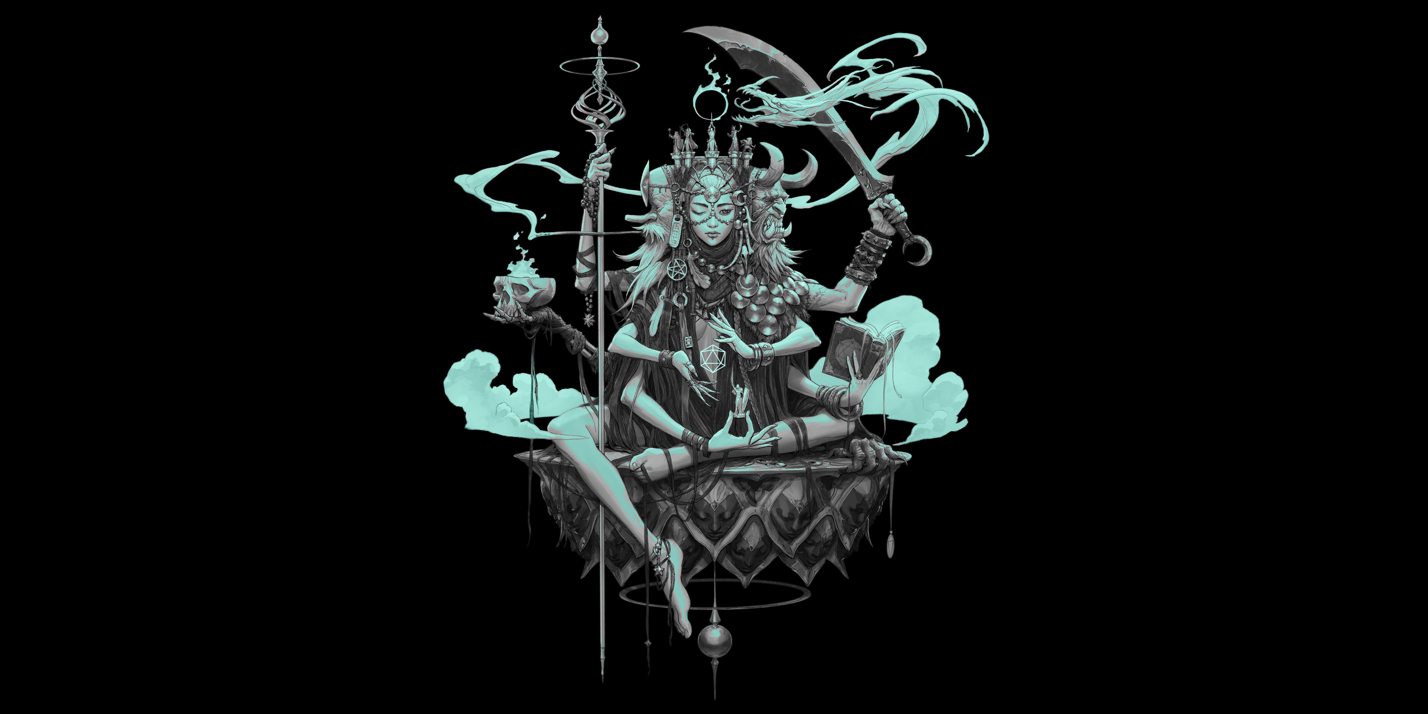 热门幻想 艺术 剑 龙 头骨 角 黑色背景 青色 高清壁纸 4800×2400