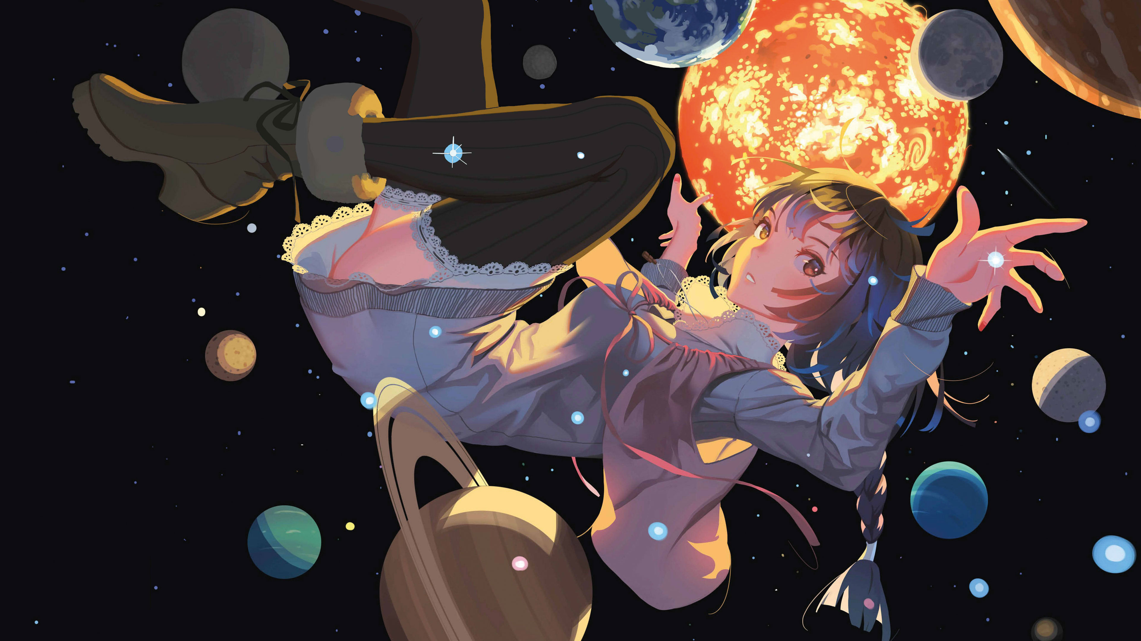 动漫 女孩 大腿高 连衣裙 太阳系 桌面壁纸 3840×2160