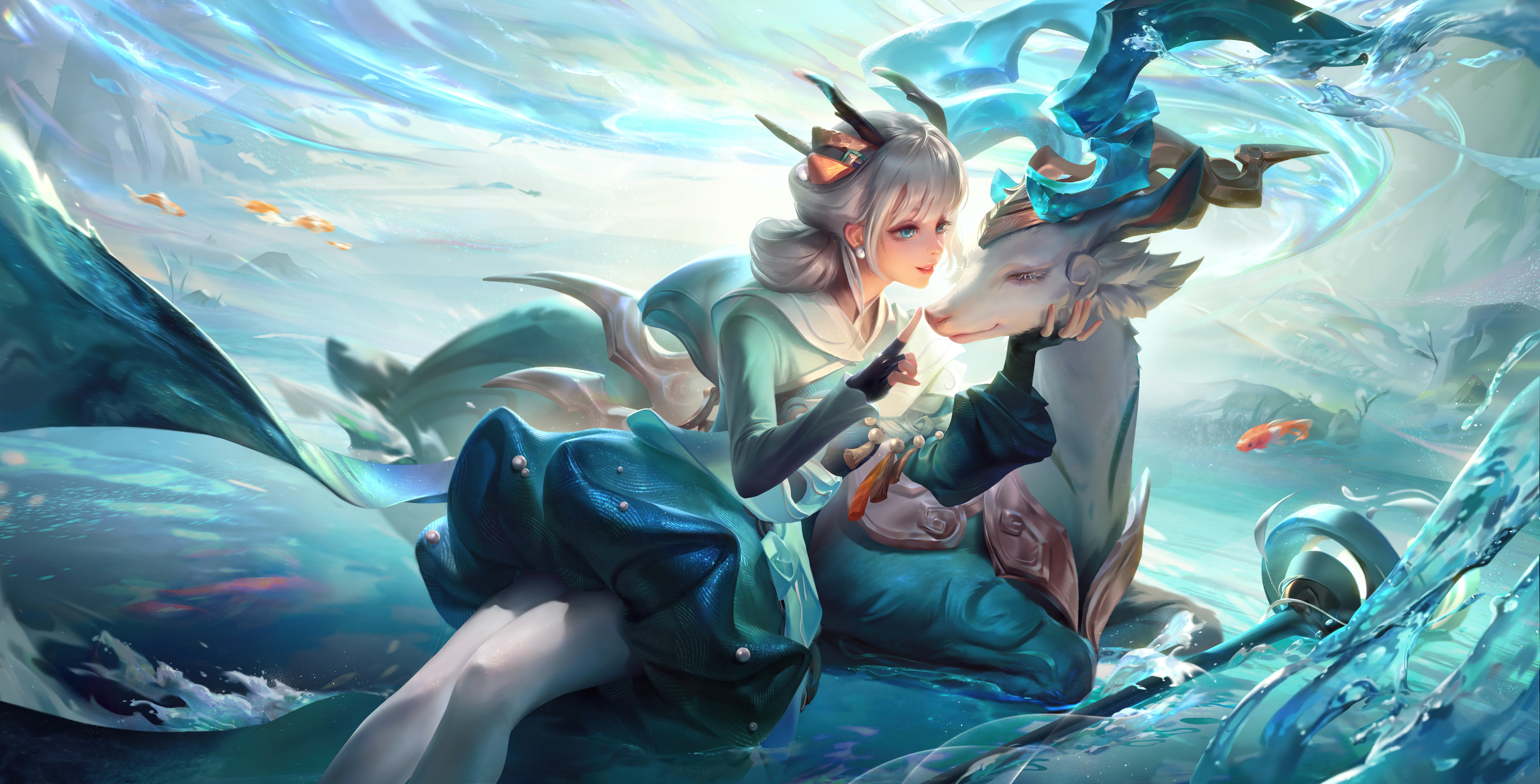 王者荣耀 游戏 女孩 鹿 游戏CG 水 鱼 动物 CG 高清壁纸 7200×3666