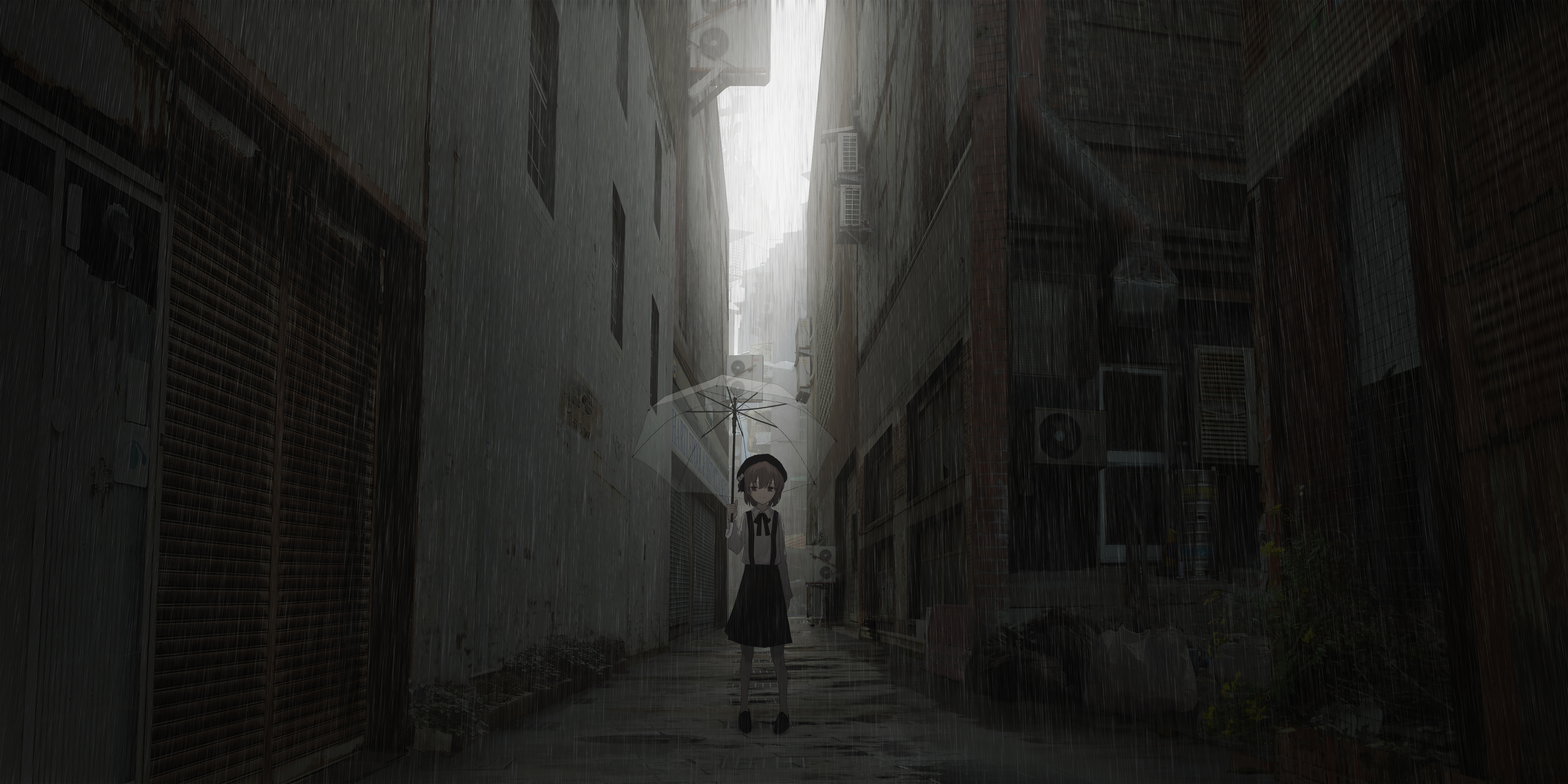 黑发 女学生 短发 动漫 女孩 都市 雨 雨伞 校服 小巷 建筑 孤独 壁纸 6000×3000