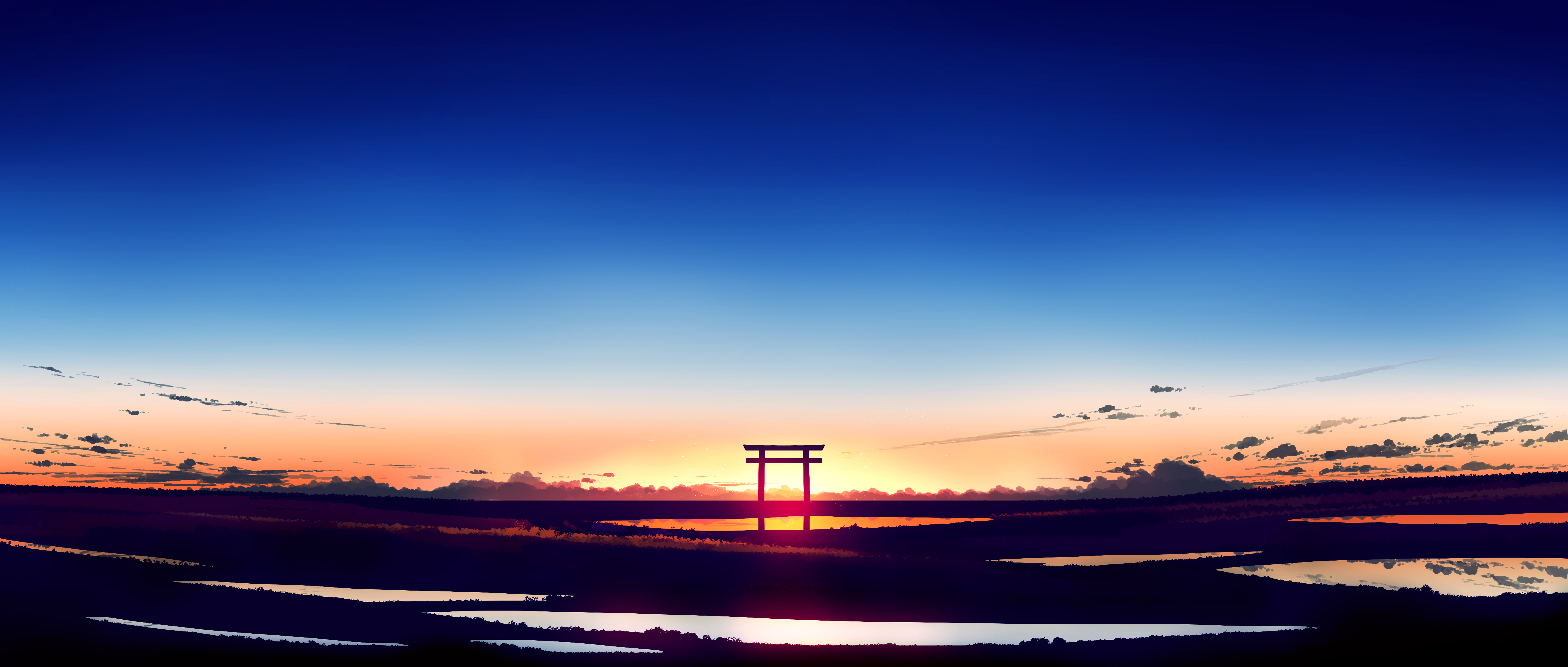 优雅 AI艺术 图片 插图 风景 宽屏 超宽 日落 夕阳辉光 云 壁纸 5640×2400