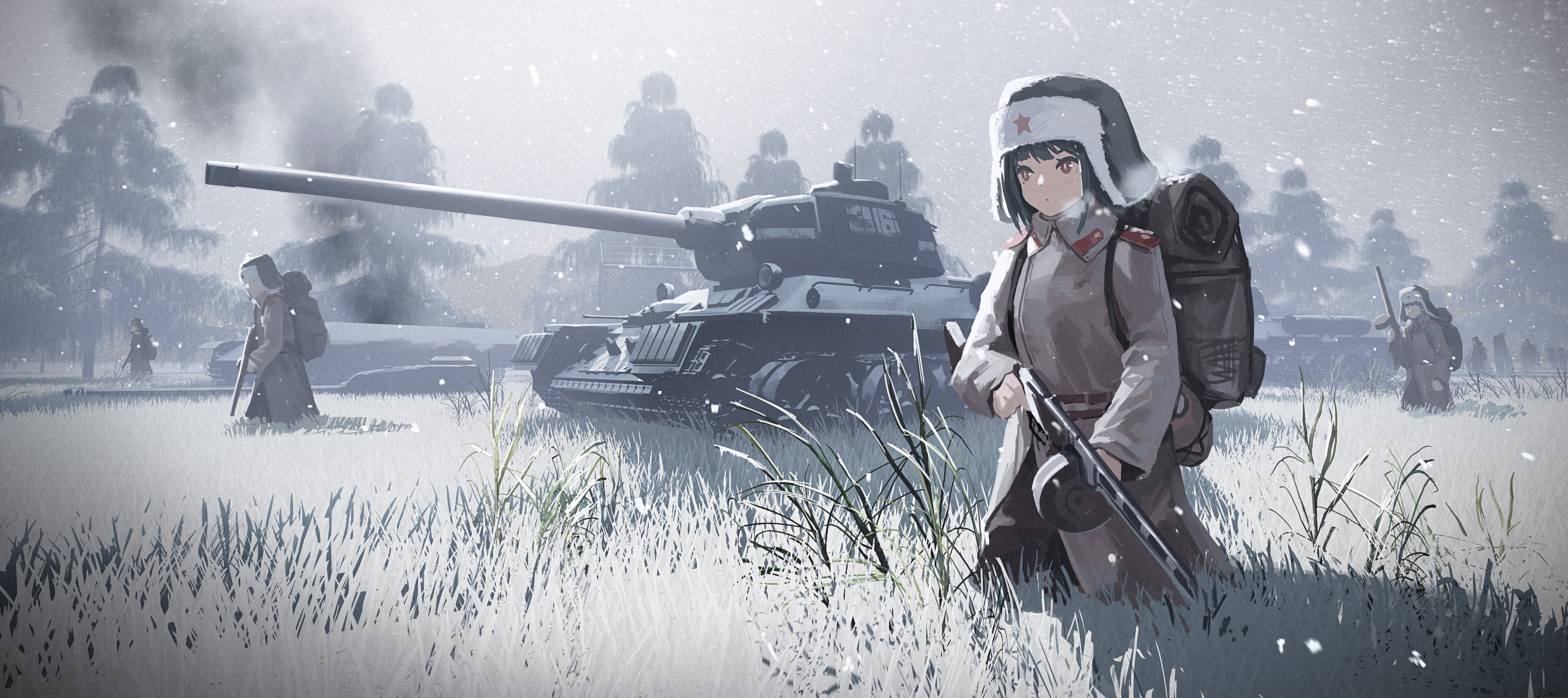 原创 人物 动漫 女孩 雪 坦克 冲锋枪 制服 军队 背包 世界大战 无水印壁纸 7680×3417