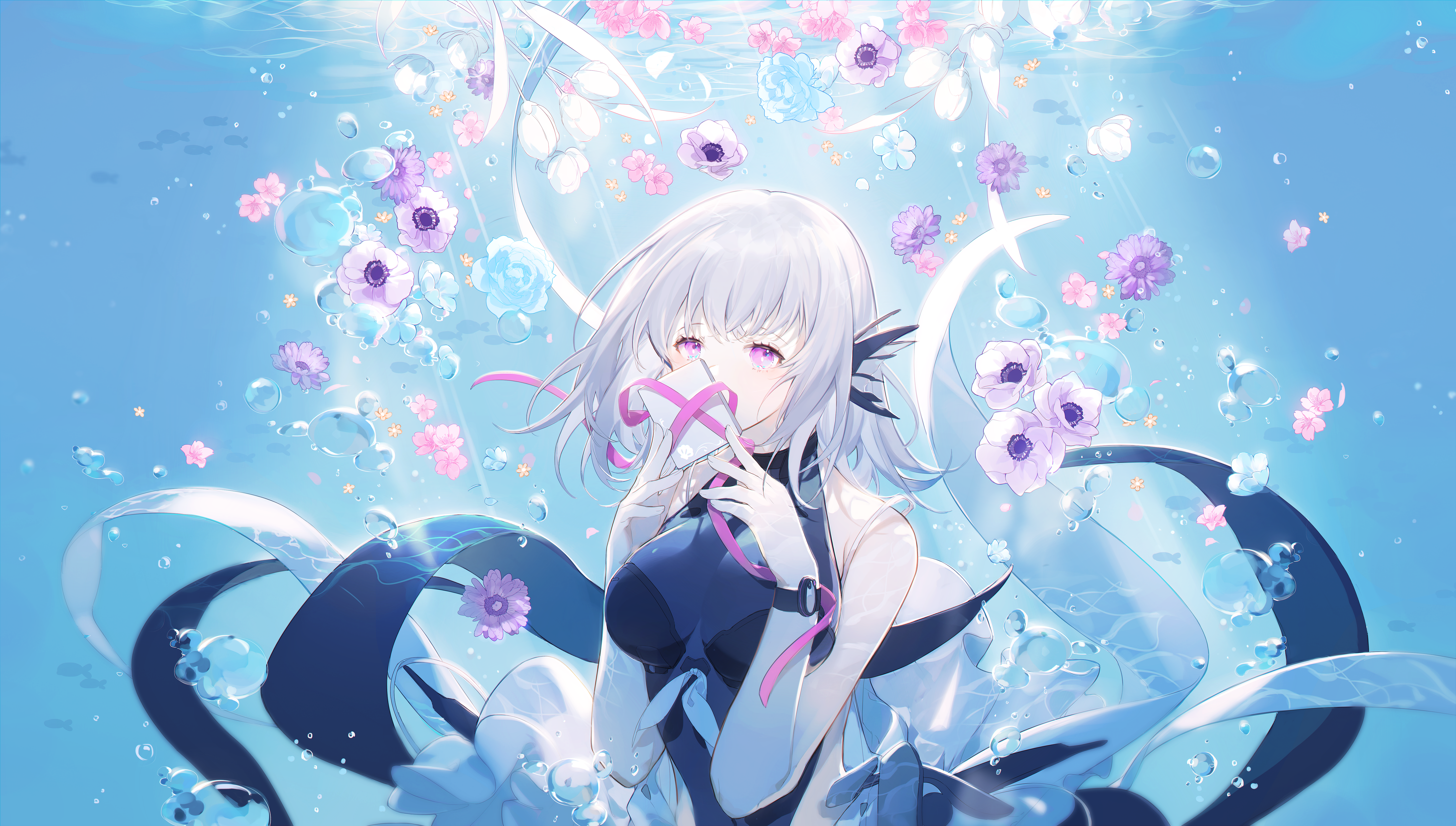 绚丽美雪 原创 人物 女孩 动漫 银发 肖像 鲜花 水下 素描 插图 AI艺术 高清壁纸 6384×3624