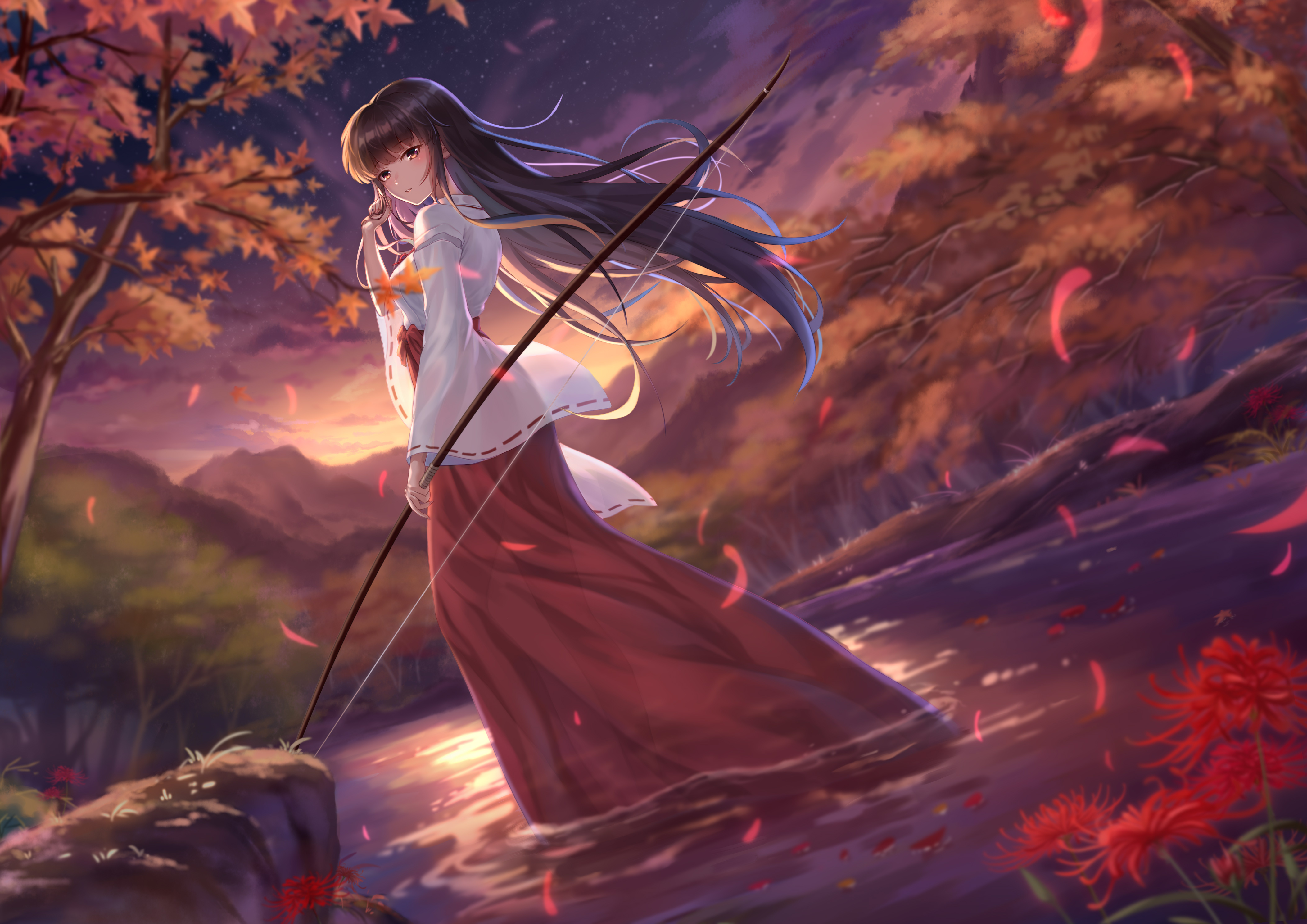 绚丽弓箭手 女人 深色皮肤 犬夜叉 动漫 女孩 树木 星星 鲜花 AI艺术 日落 桔梗 桌面壁纸 4210×2976