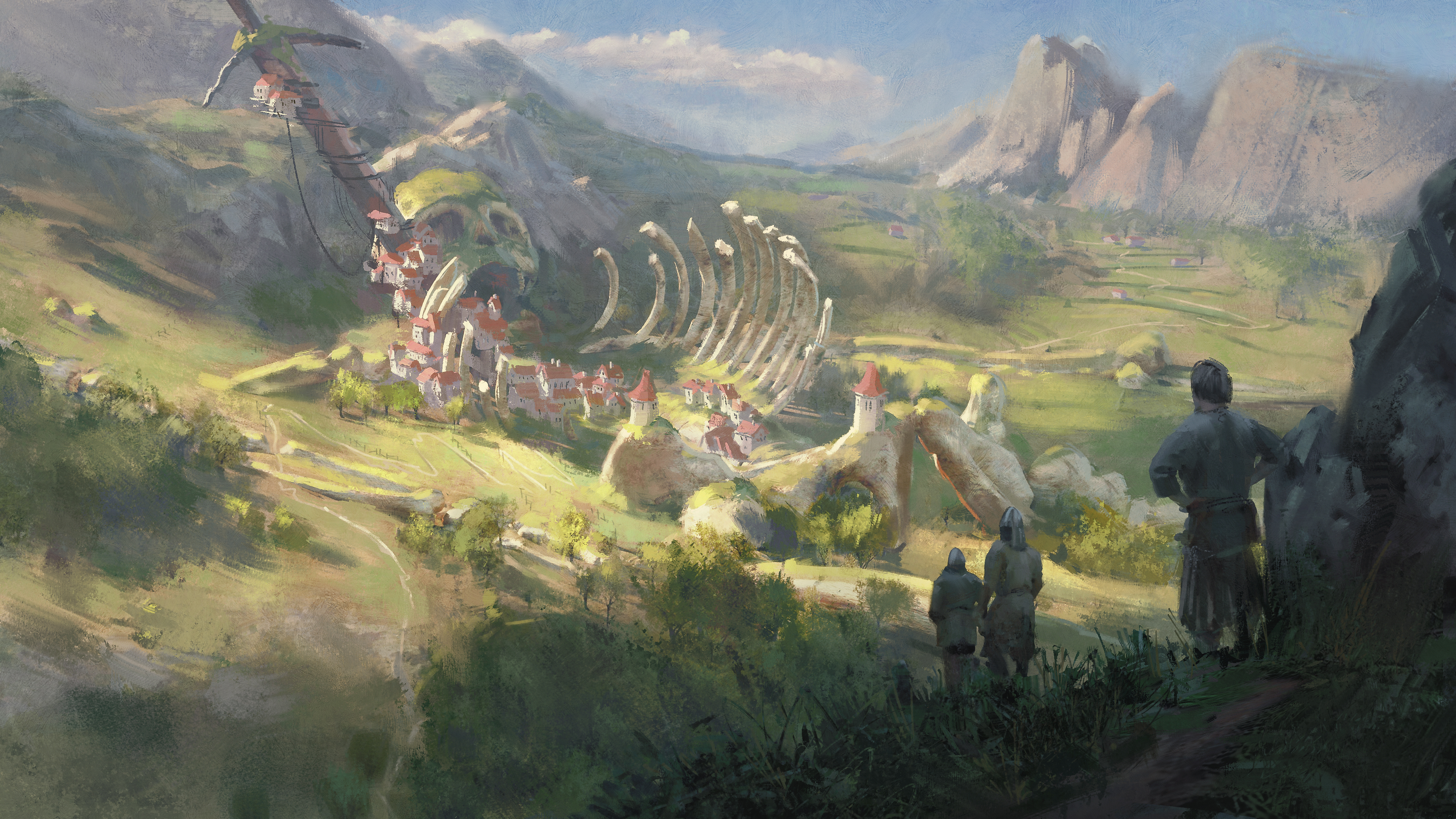 剑 泰坦 骨架 山 草 岩石 村庄 骨头 壁纸 3840×2160