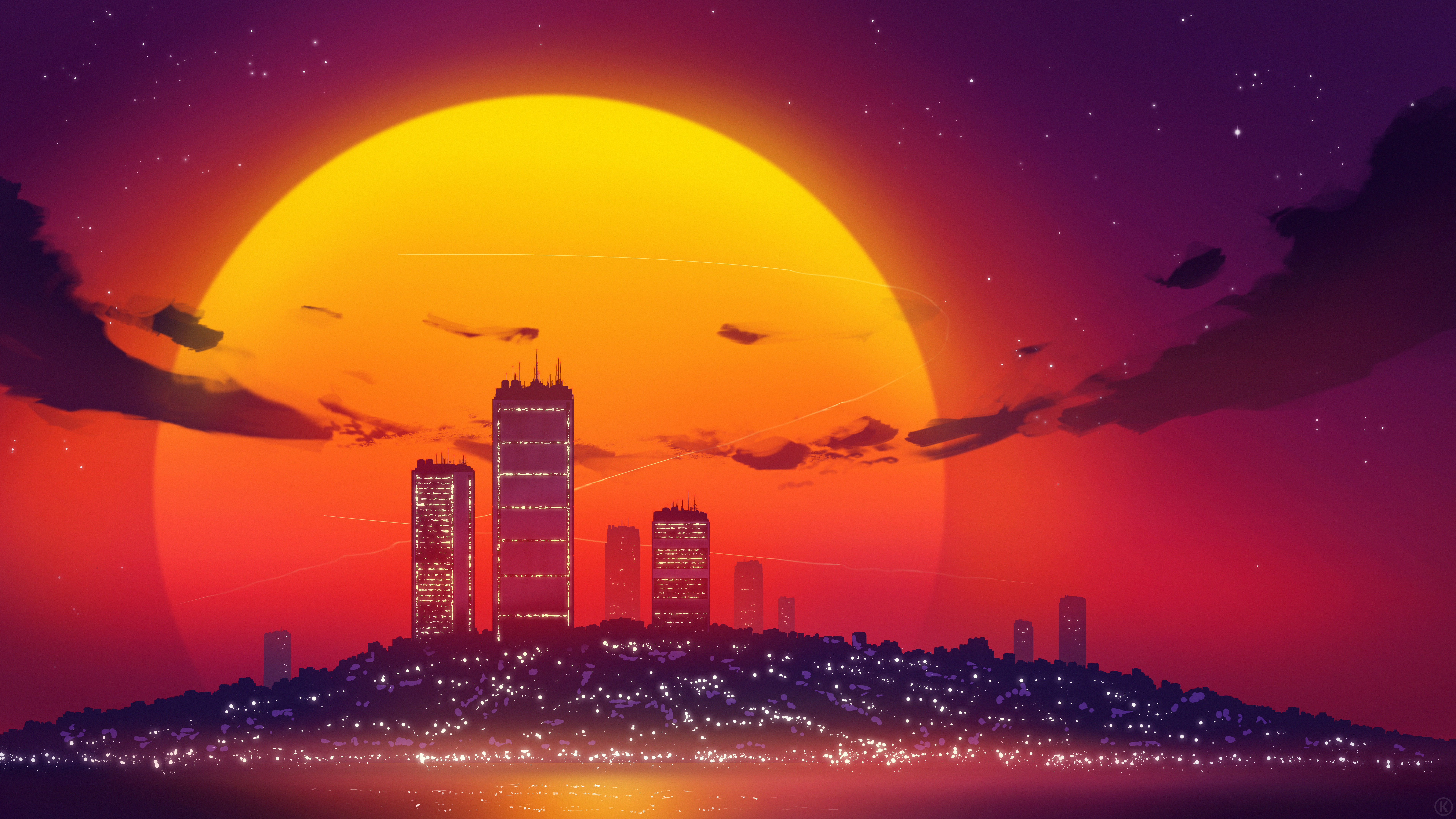 唯美AI艺术 插图 城市 景观 风景 日落 太阳 摩天 大楼 灯光 星星 云 壁纸 7680×4320