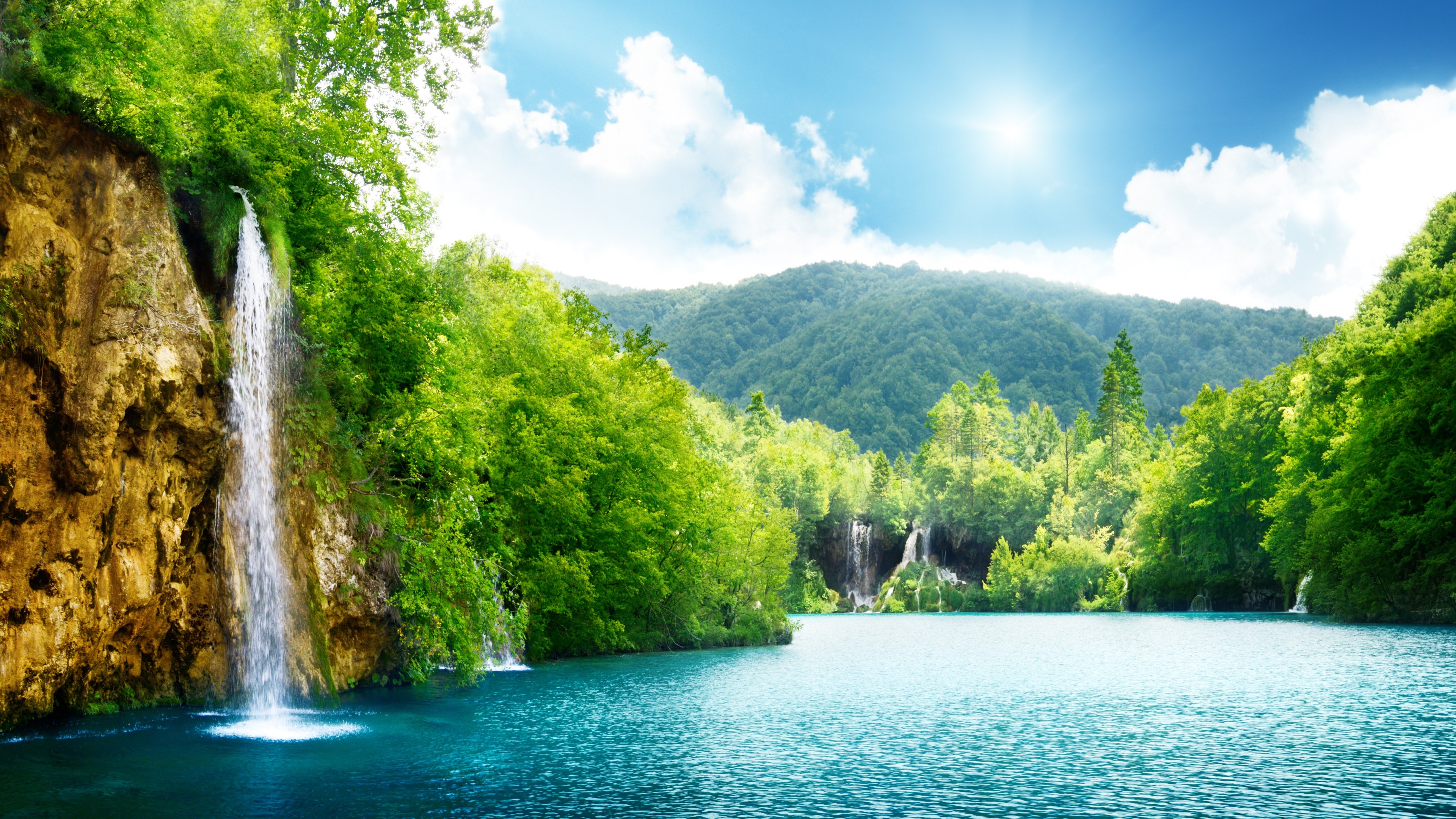 风景 湖泊 瀑布 树木 丘陵 国家公园 壁纸 3840×2160