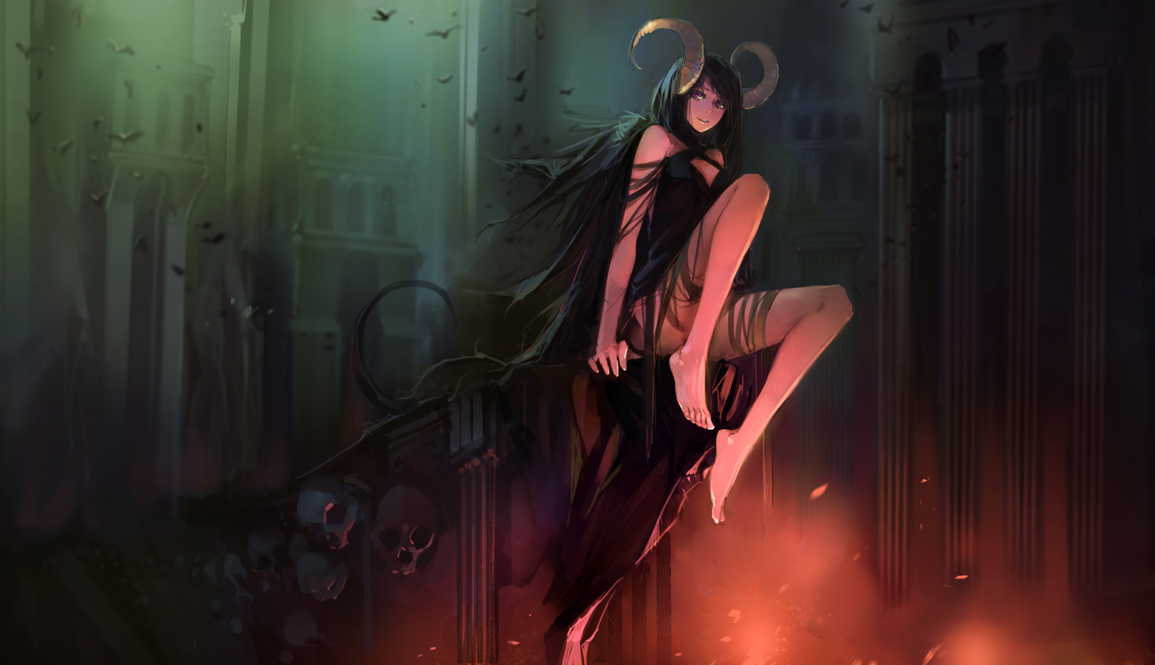 热门奇幻女孩 恶魔女孩 深色头发 赤脚 腿 坐着 动漫 女孩 妖魔 骷髅 角 高清壁纸 4000×2303