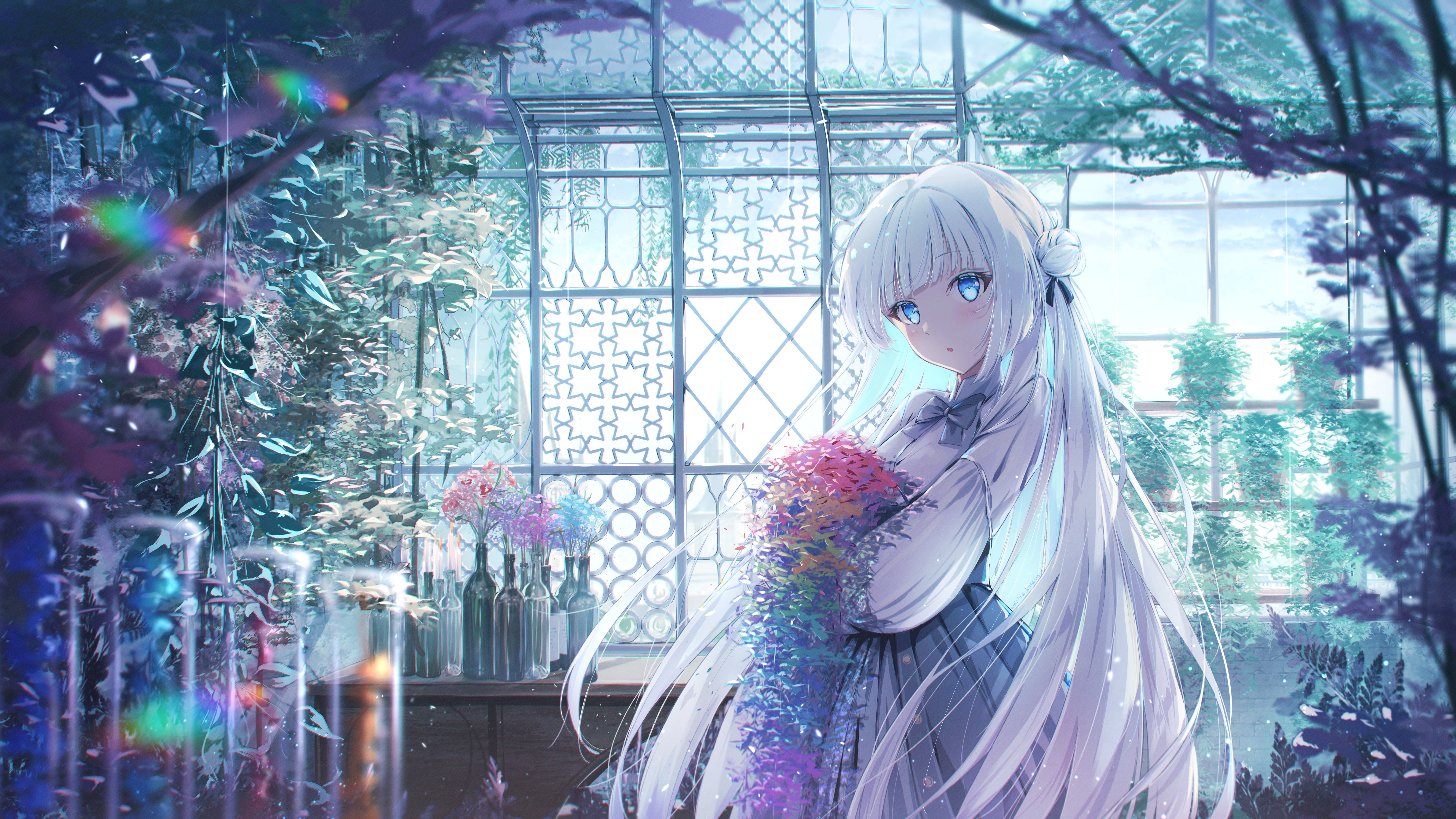 长头发 白头发 蓝眼睛 动漫 女孩 植物 壁纸 7680×4320