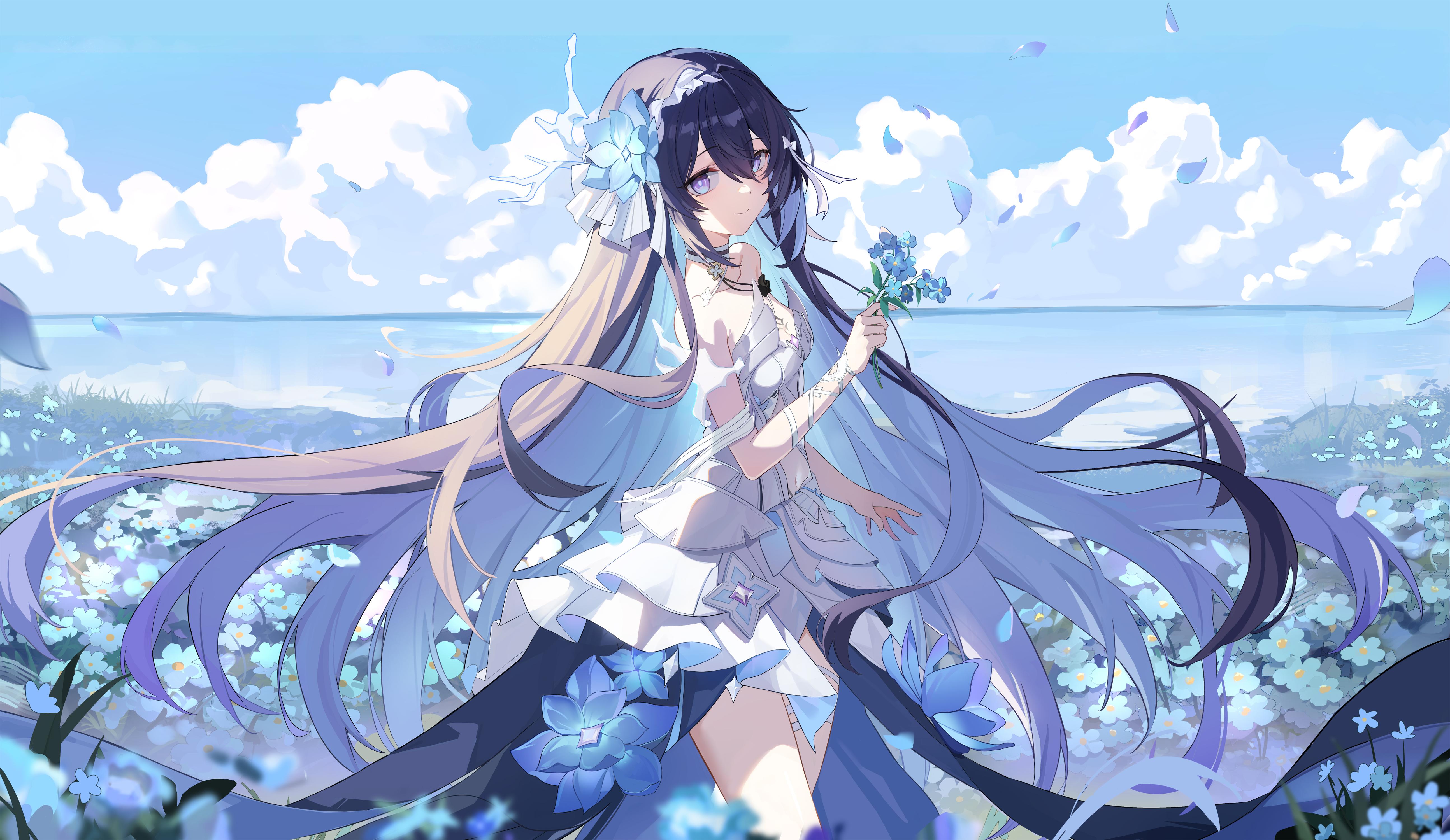 精选长发 站立 动漫 女孩 天空 云 花 衣服 花瓣 水 树叶 项链 壁纸 5176×3000