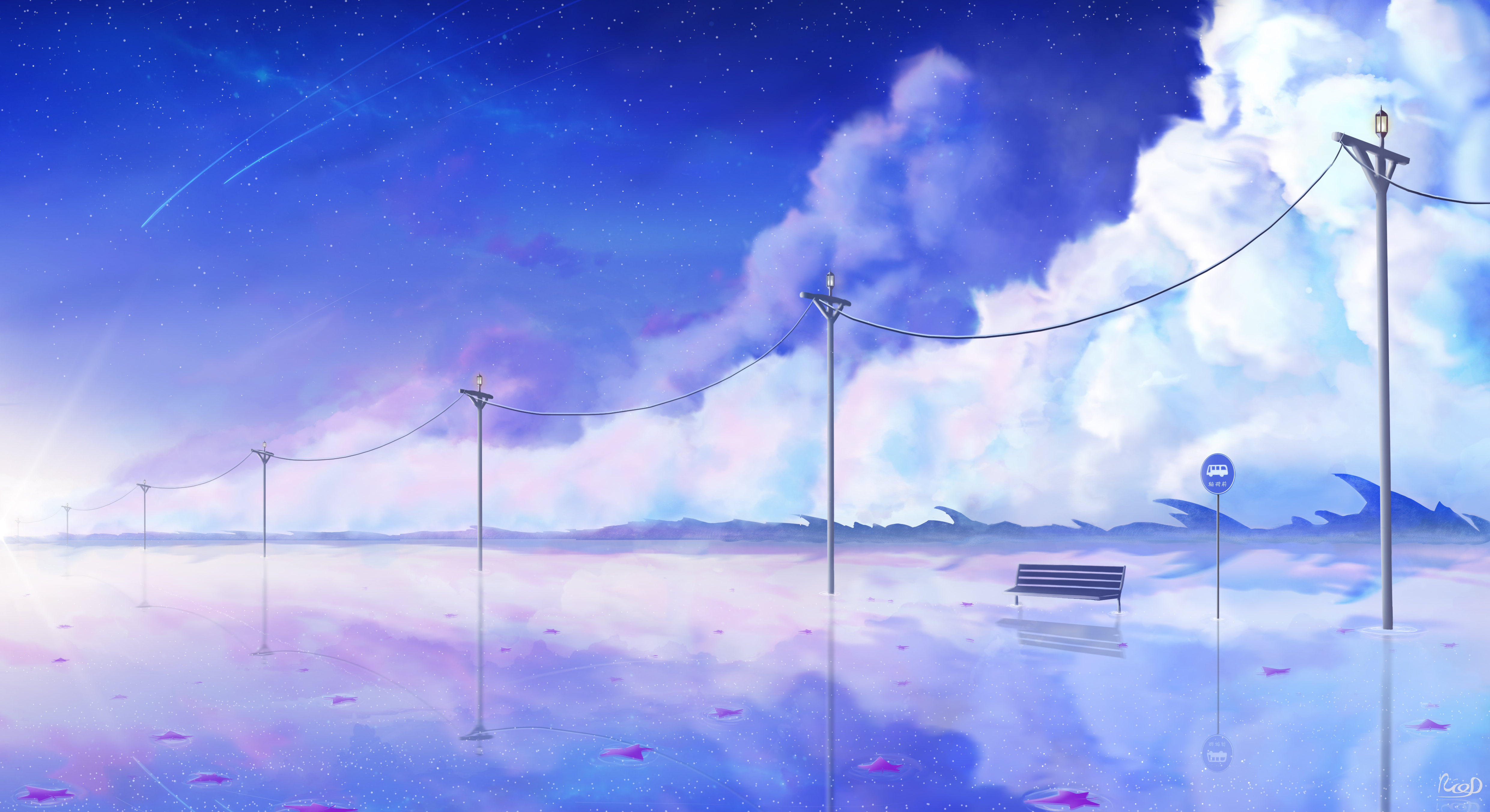 AI艺术 插图 绘画 景观 云 天空 彗星 倒影 长凳 幻想艺术 道路 太阳 大气 壁纸 4961×2705