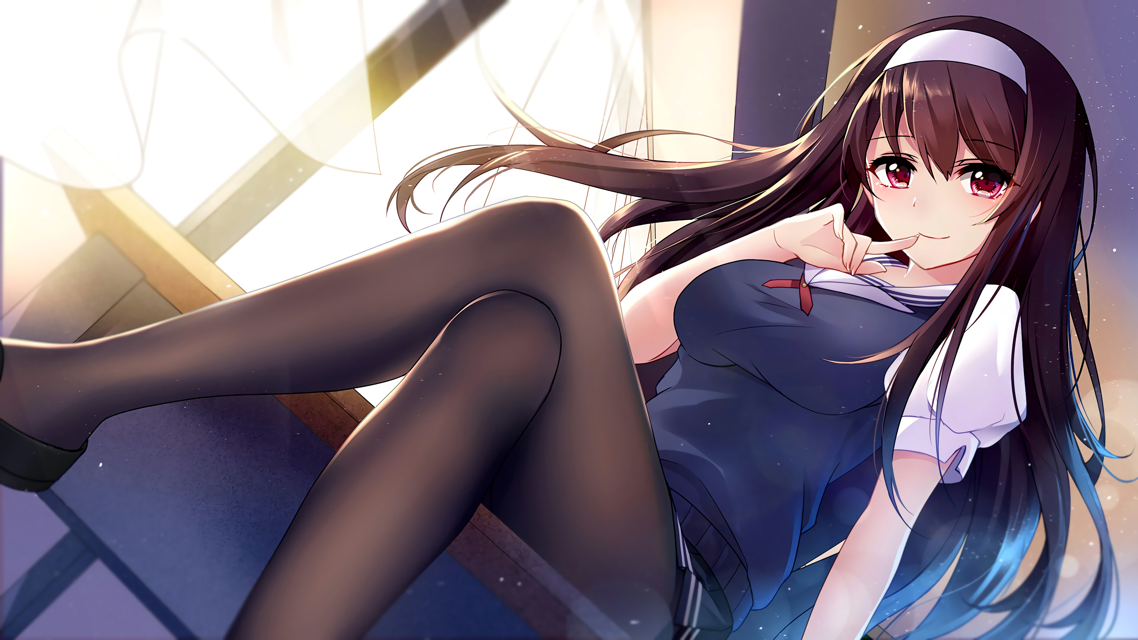 黑发 红眼 微笑 动漫 裤袜 校服 女孩 壁纸 3840×2160