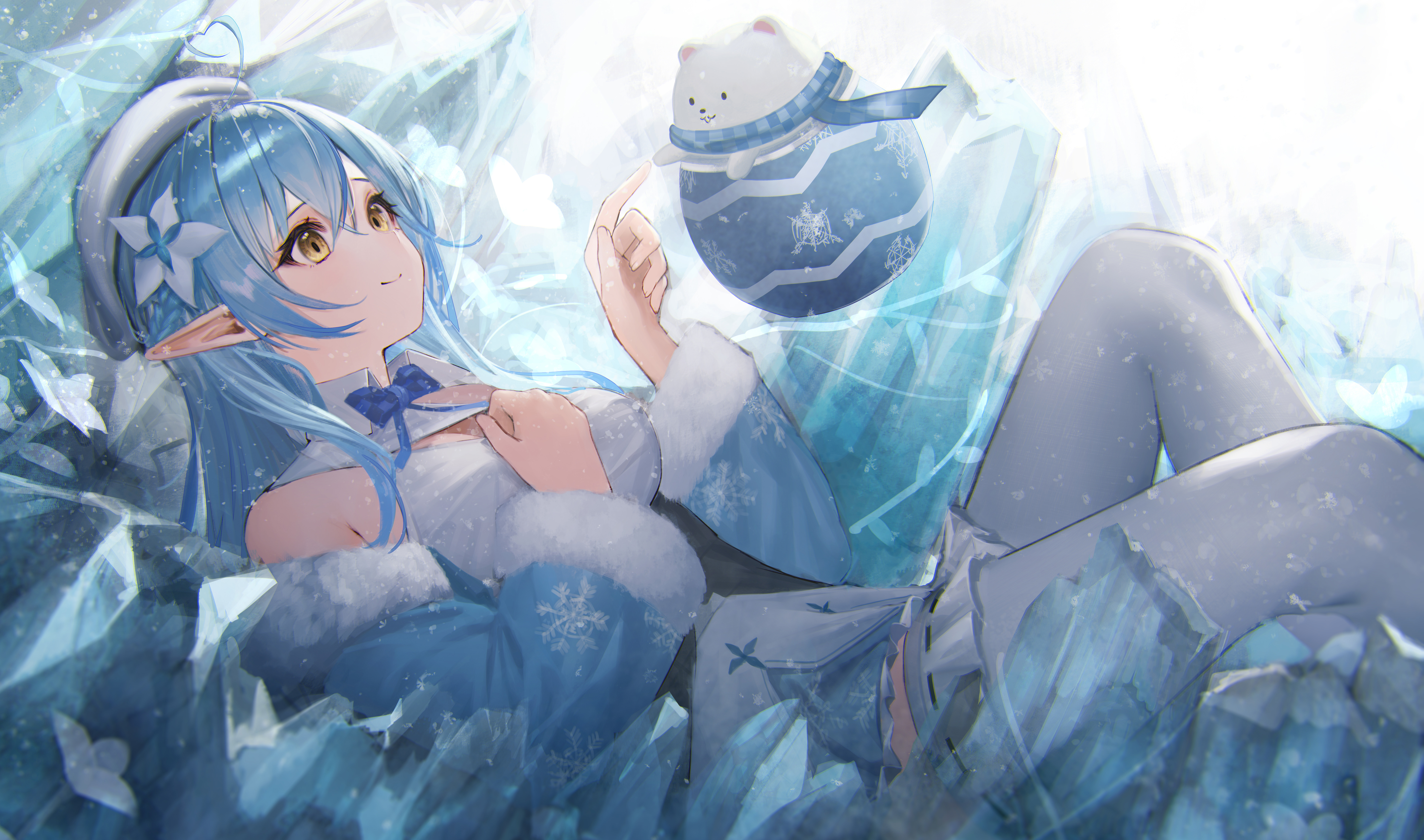 蓝头发 动漫 女孩 AI艺术 艺术作品 肖像 全息 兽耳 黄眼睛 壁纸 7683×4534