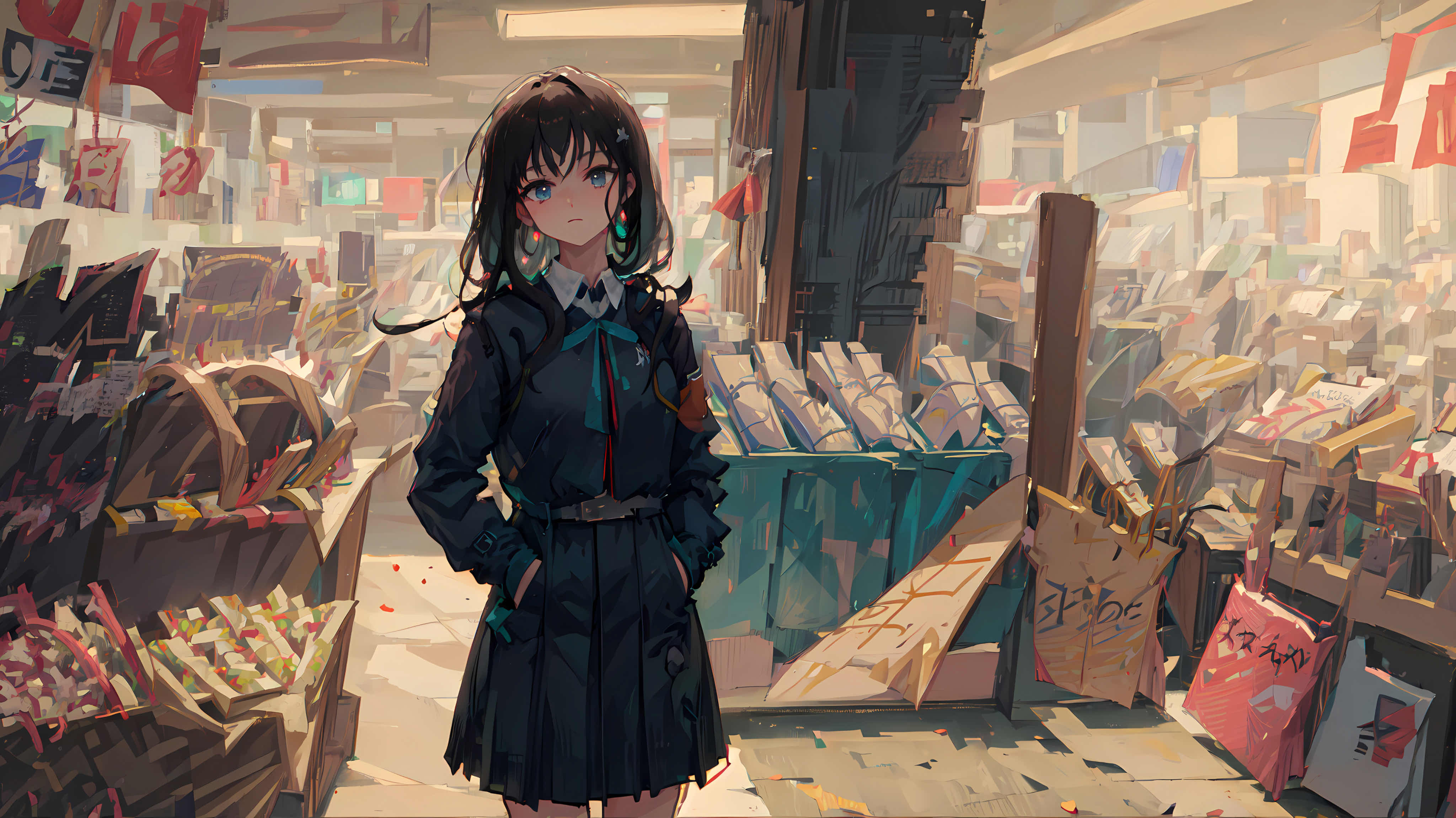 插口袋 女学生 动漫 女孩 校服 人工智能艺术 超市 壁纸 4096×2302