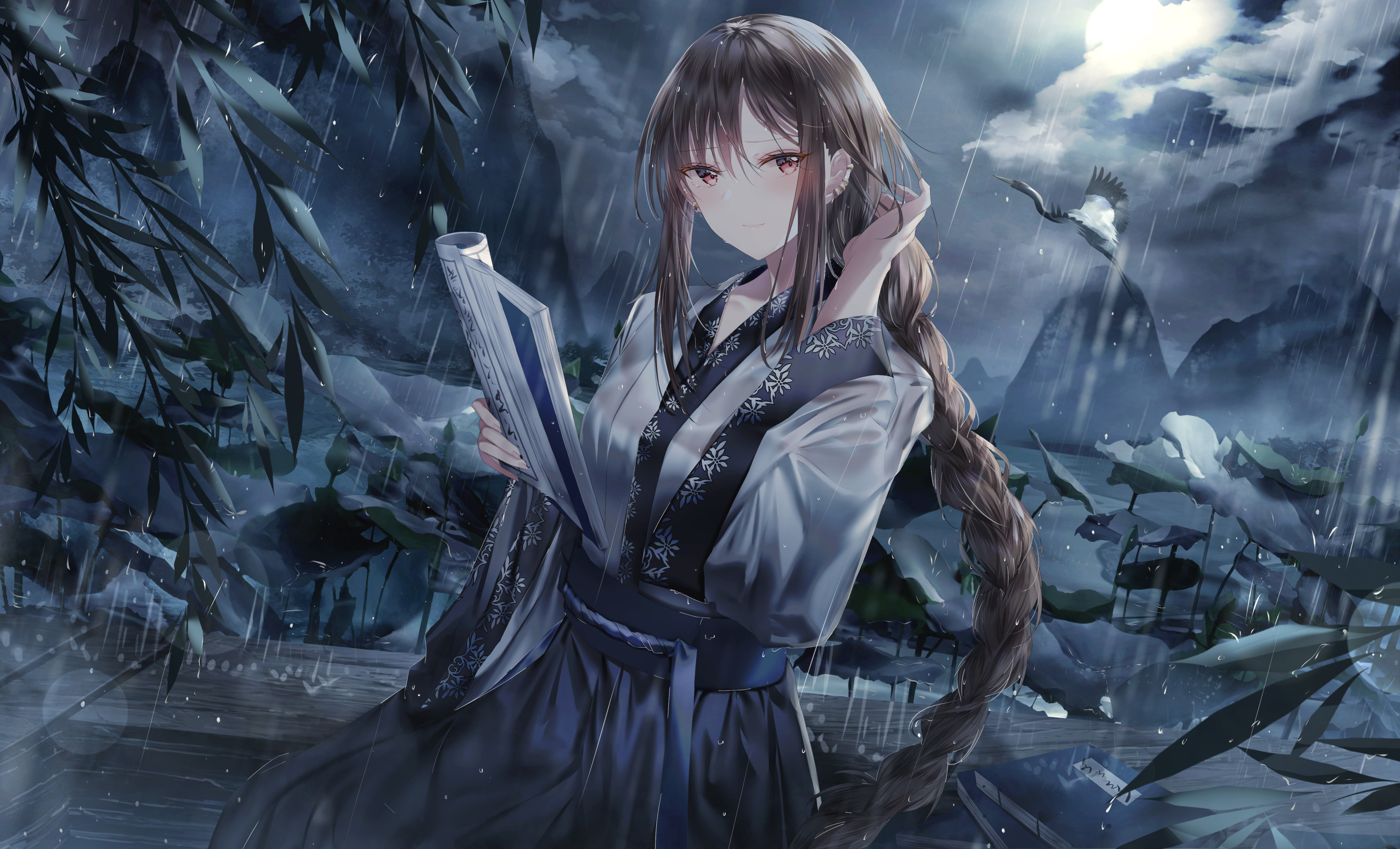 精选长发 黑发 辫子 动漫 女孩 AI艺术 肖像 雨 服装 桌面壁纸 4862×2948