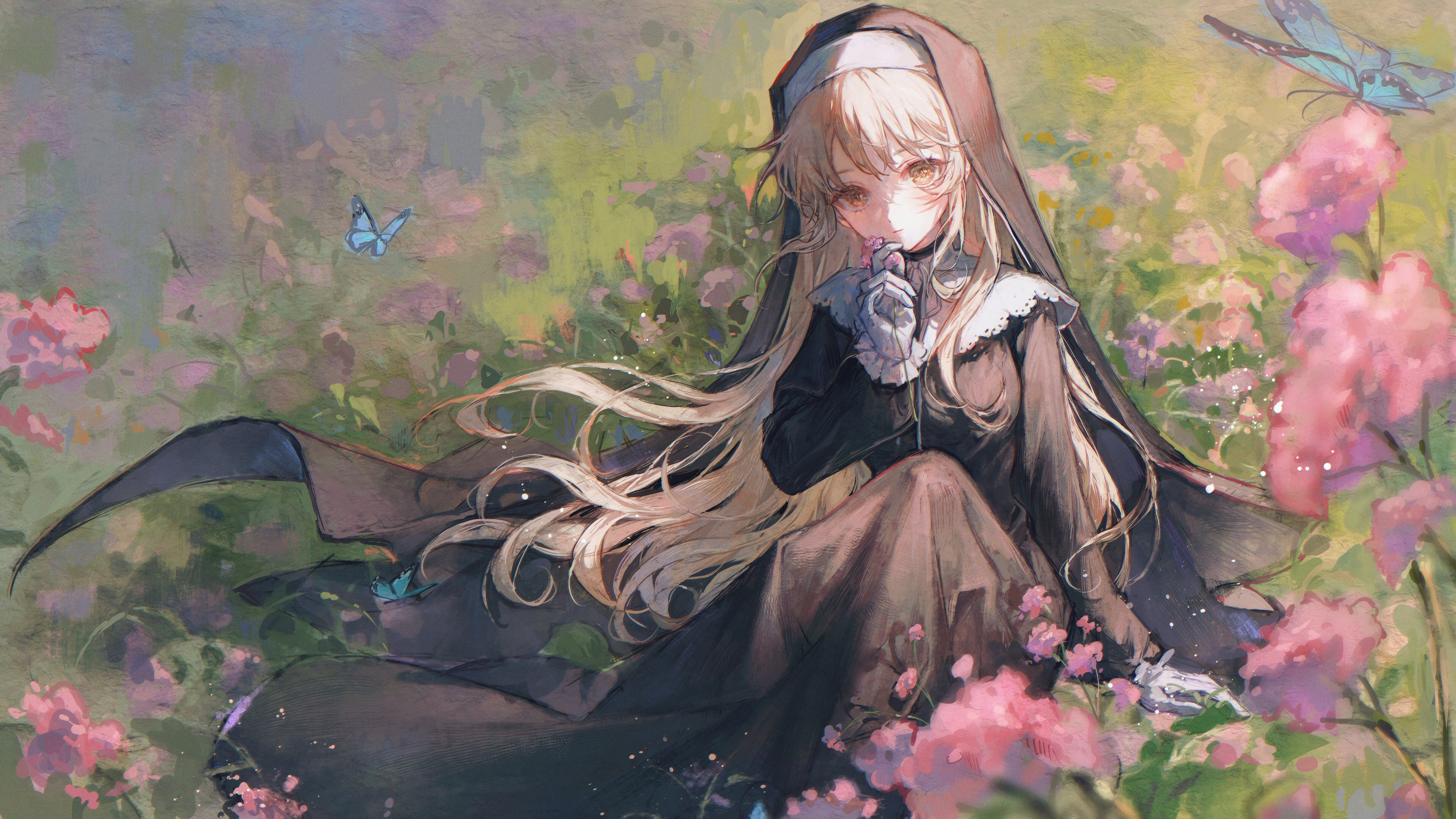 抹茶 修女 金发 动漫 女孩 AI艺术 鲜花 壁纸 3840×2160