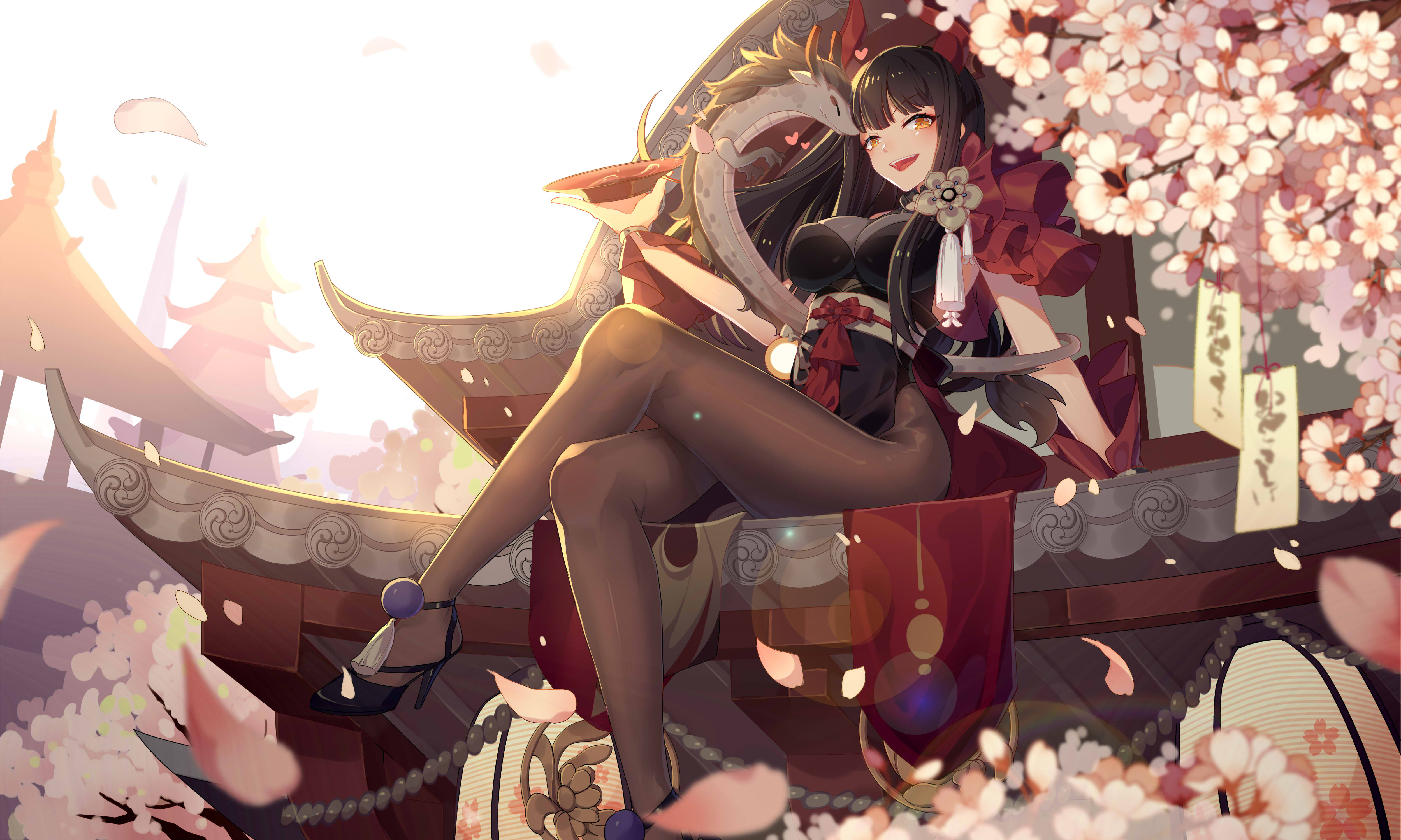 动漫 女孩 龙 樱花 中国龙 壁纸 5000×3000