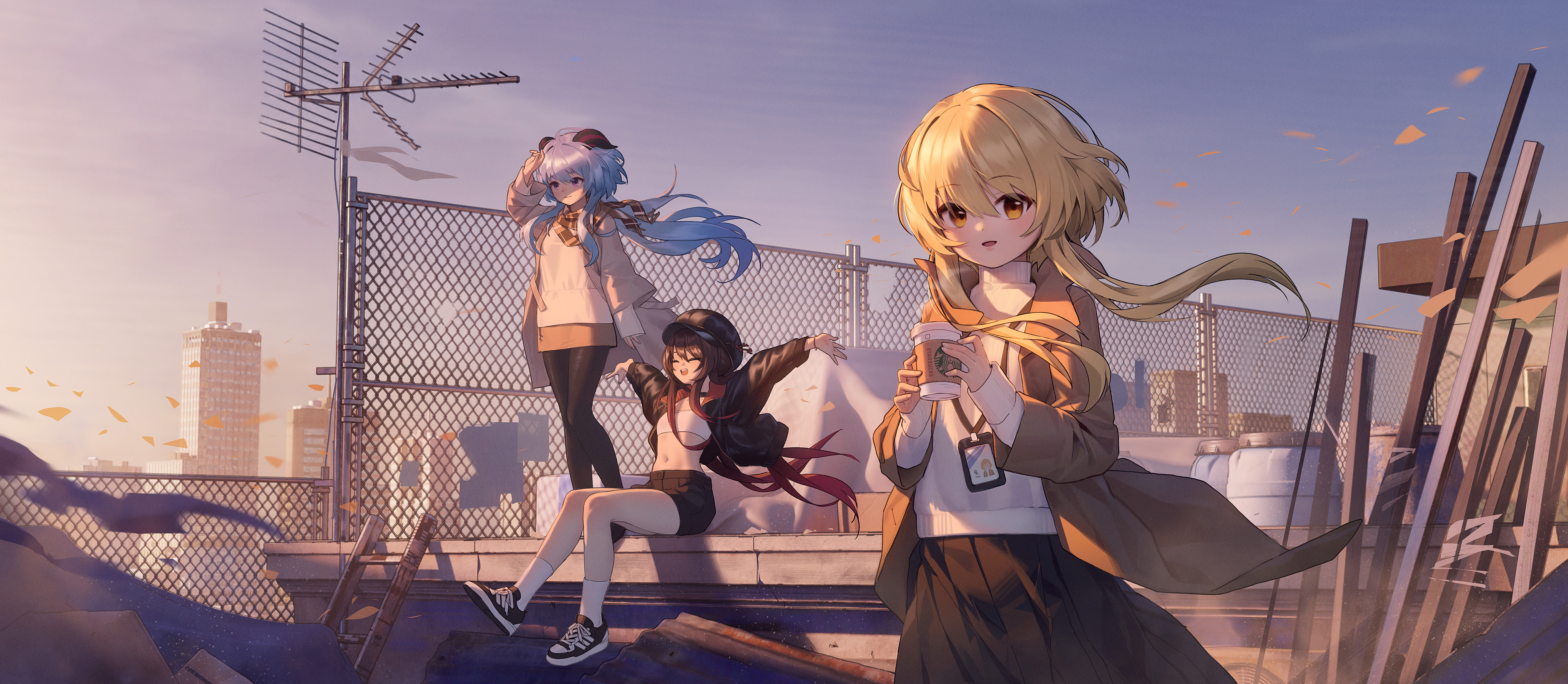 肚皮 肚脐 胡桃 原神 动漫 女孩 AI艺术 户外 晴空 夕阳 无水印壁纸 5648×2465