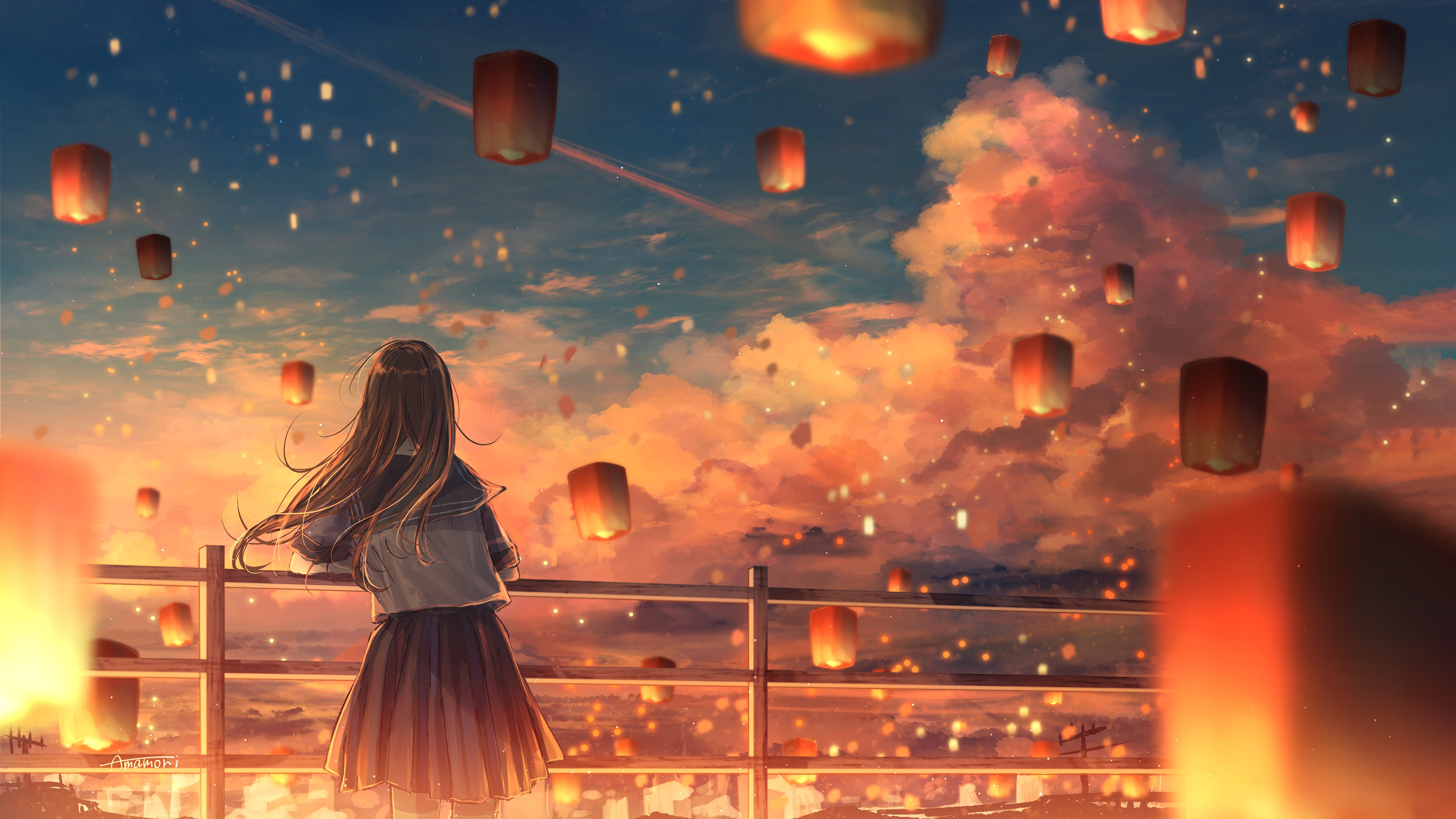 精选雨森 动漫 女孩 校服 灯笼 天灯 夜灯 云 4K壁纸 3840×2160
