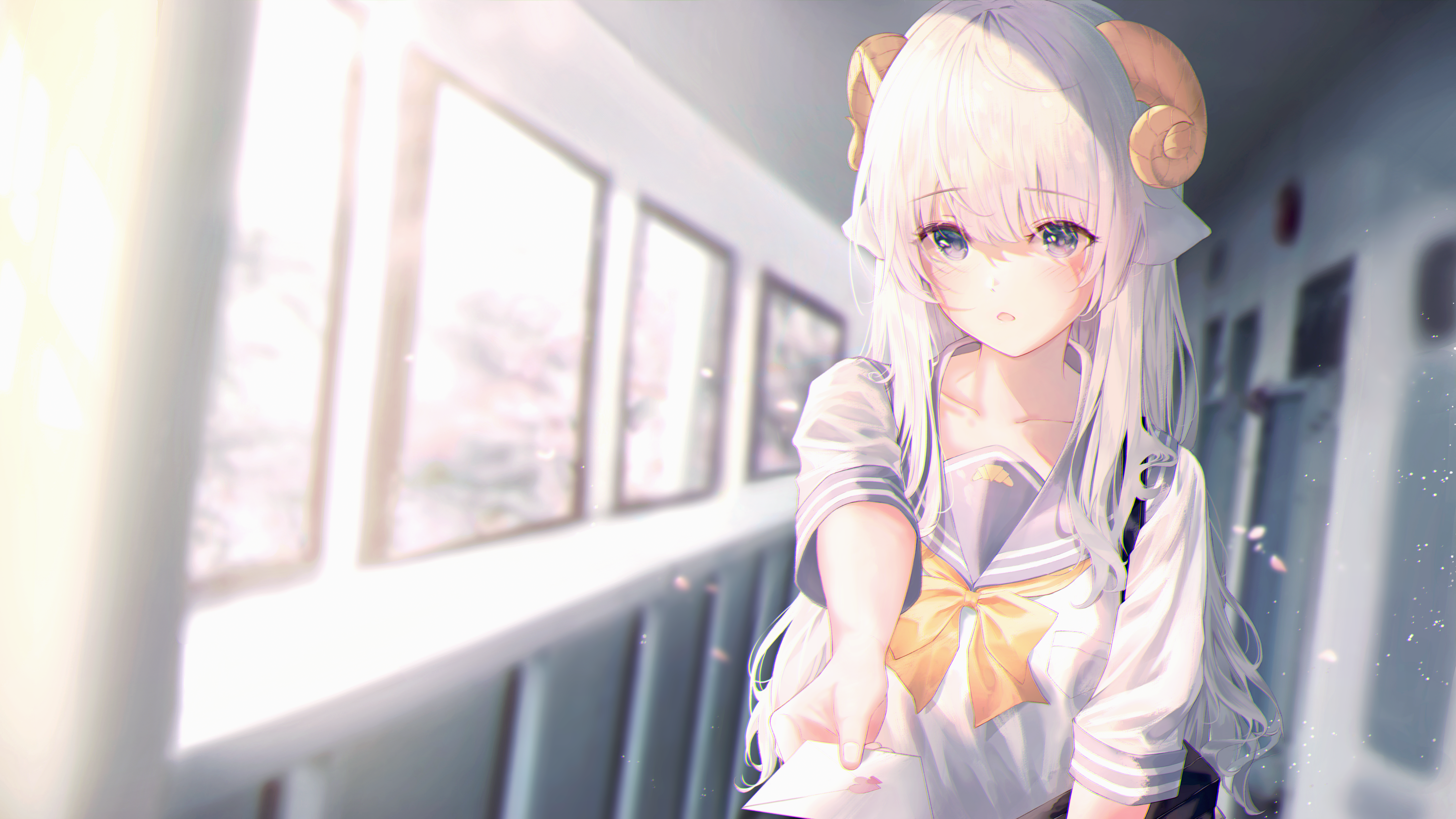 热门白发 动漫 女孩 号角 校服 无水印壁纸 5760×3240