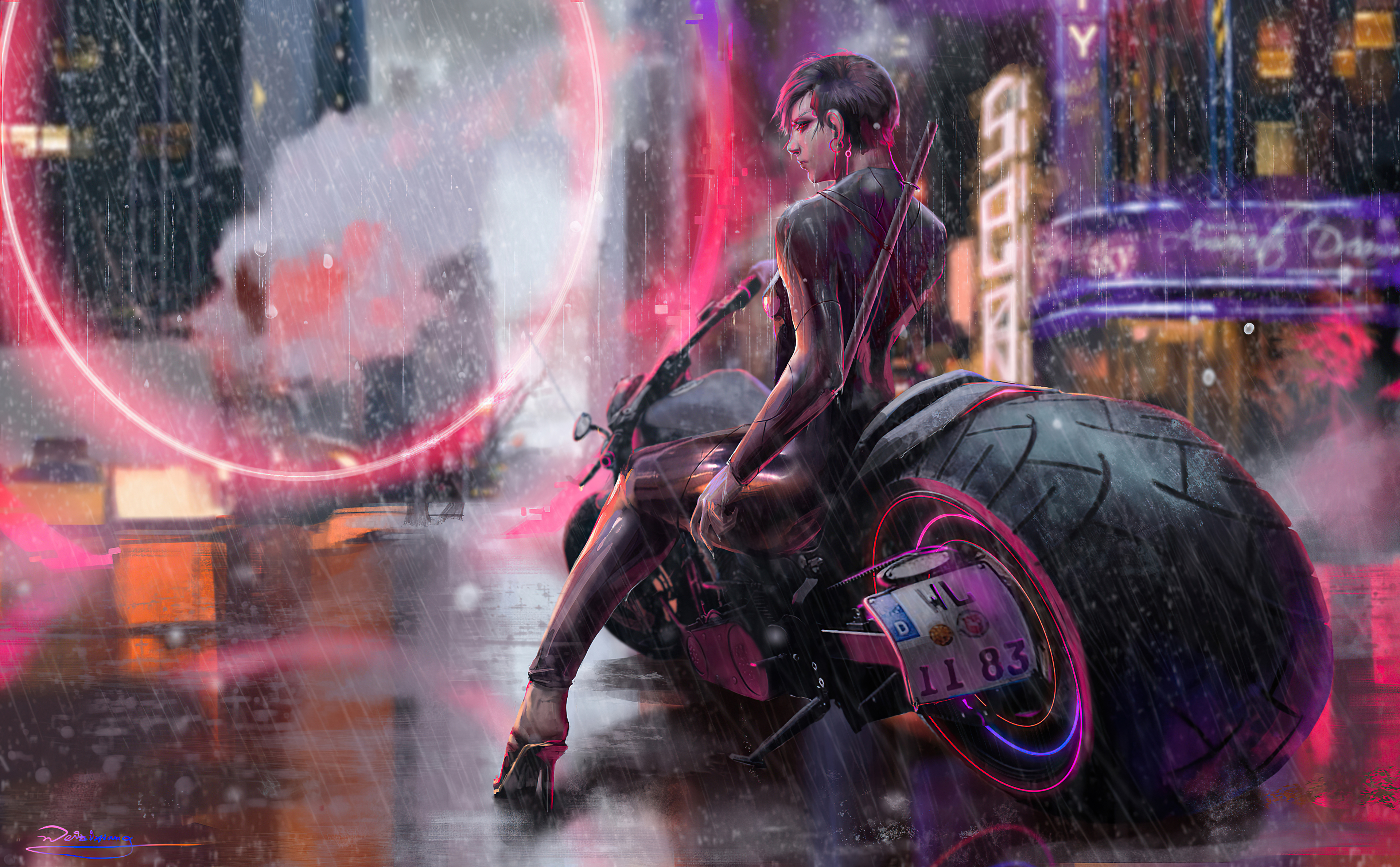 绚丽赛博女孩 赛博朋克 科幻小说 摩托车 无水印壁纸 3840×2380