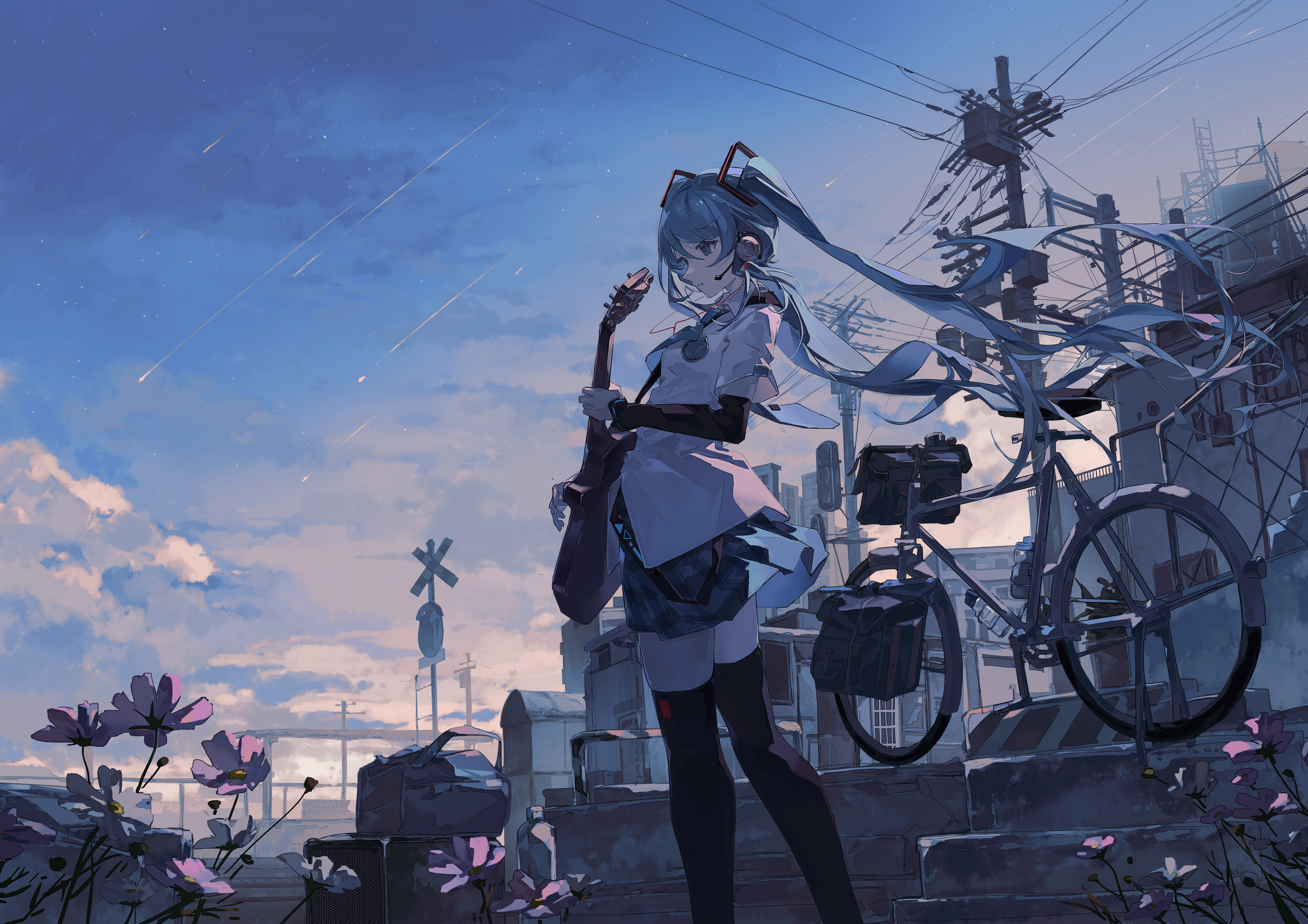 热门长发 蓝头发 蓝眼睛 站立 动漫 女孩 初音 小提琴 天空 云 双尾 吉他 乐器 鲜花 自行车 肘部手套 耳机 高清壁纸 5262×3720