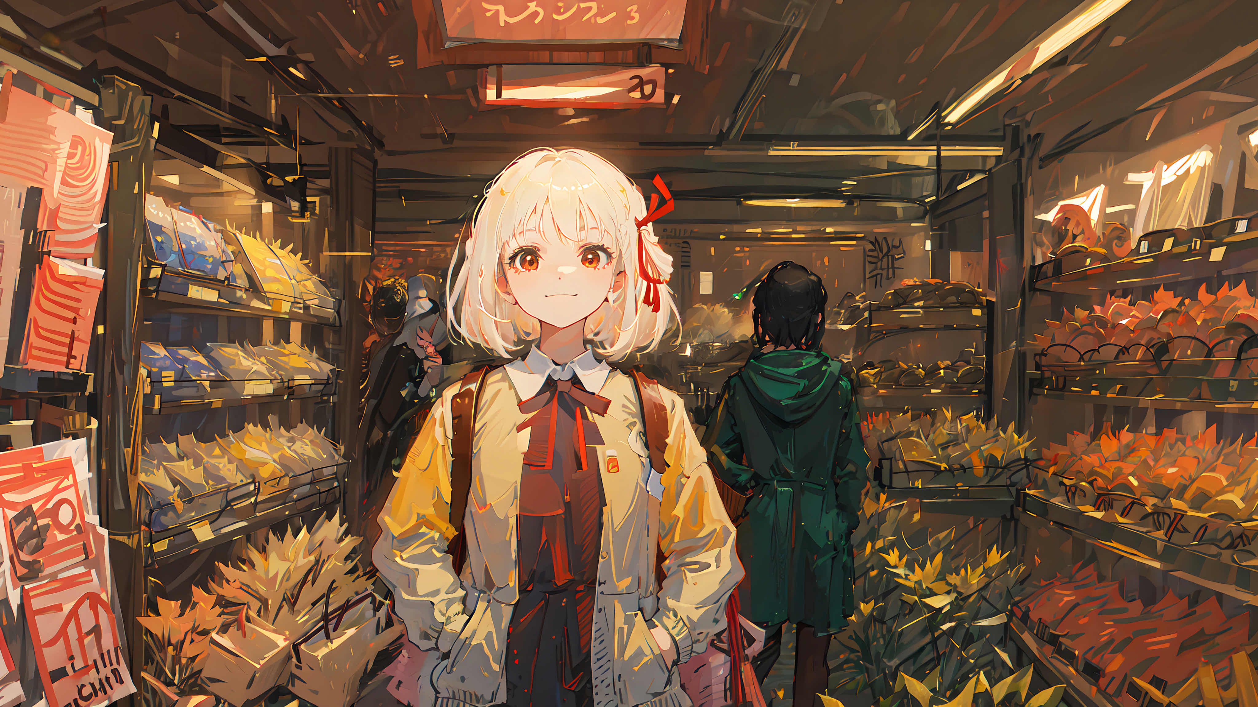 手插口袋 微笑 短发 动漫 女孩 石蒜 4K高清壁纸 4096×2302