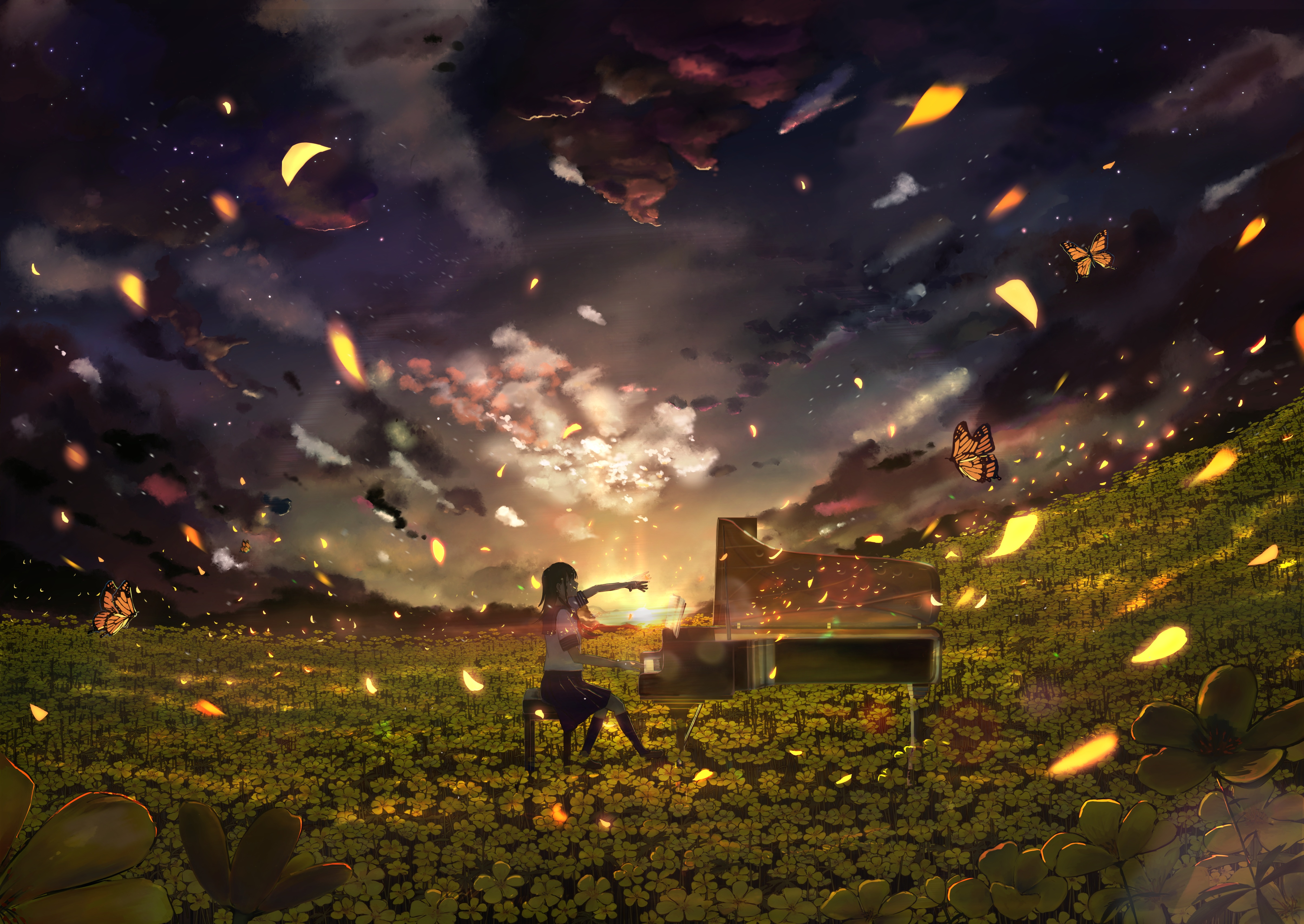 钢琴家 女学生 动漫 女孩 AI艺术 天空 自然 鲜花 黄昏 日落 太阳 阳光 风景 钢琴 晚上 蝴蝶 校服 手机壁纸 4818×3415