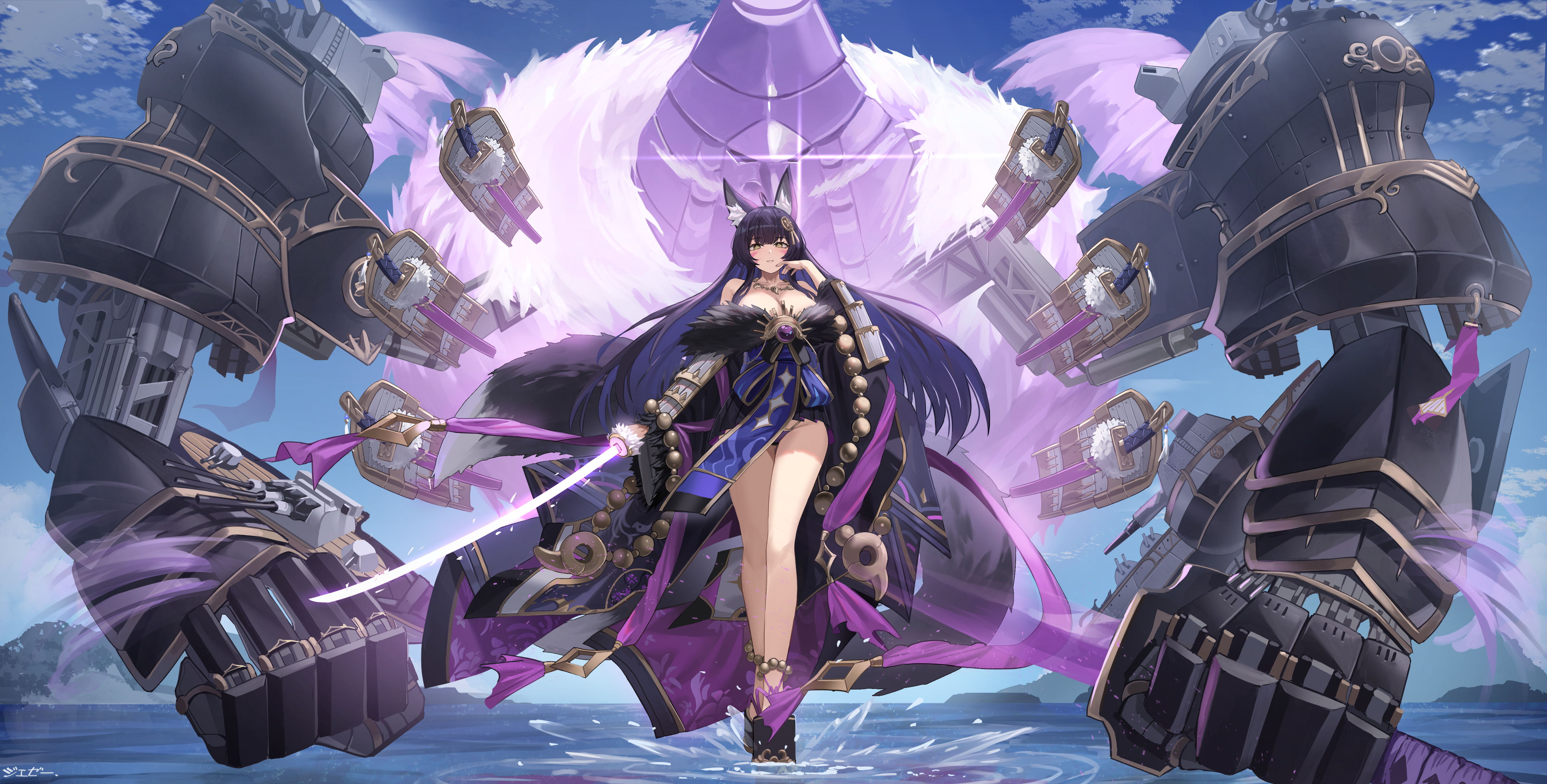 长发 深色头发 狐狸耳朵 狐耳 独唱 动漫 女孩 碧蓝航线 武藏 狐狸女孩 狐女 AI艺术 剑 4K高清壁纸 5416×2747
