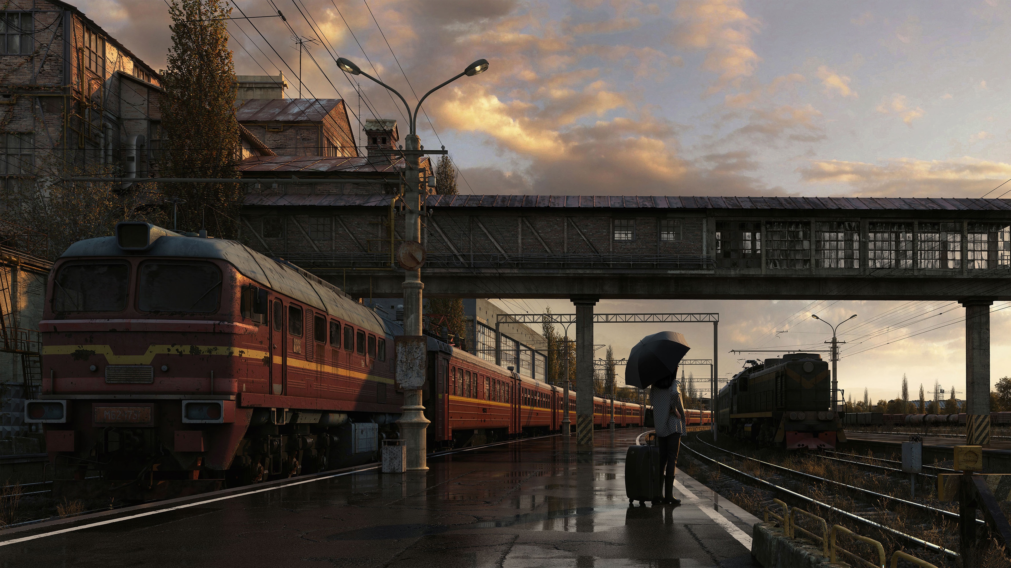 女性 AI艺术 雨伞 城市 火车 火车站 桌面壁纸 3840×2160