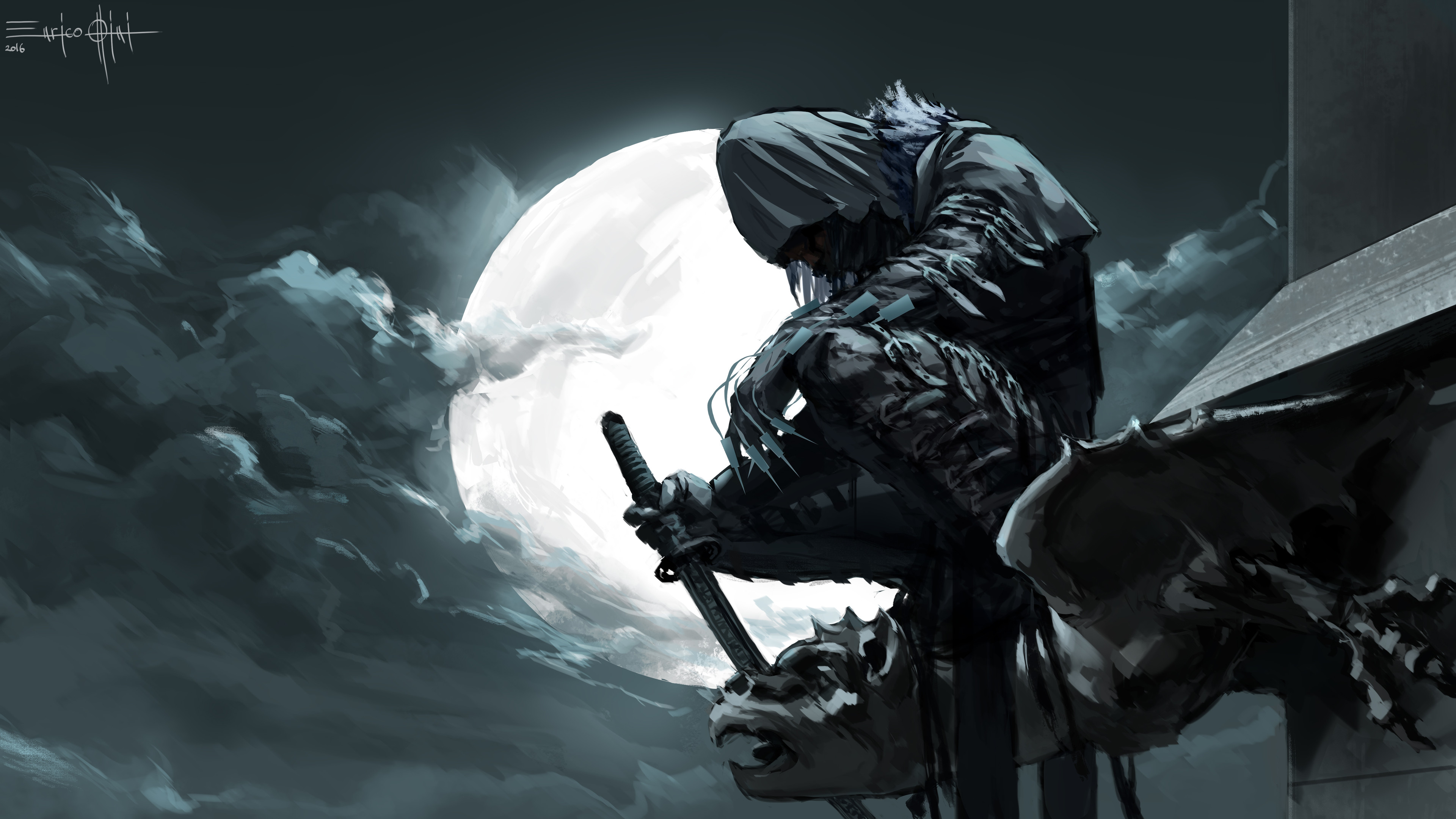 高清忍者 月亮 剑 绘画 石像鬼 壁纸 3840×2160