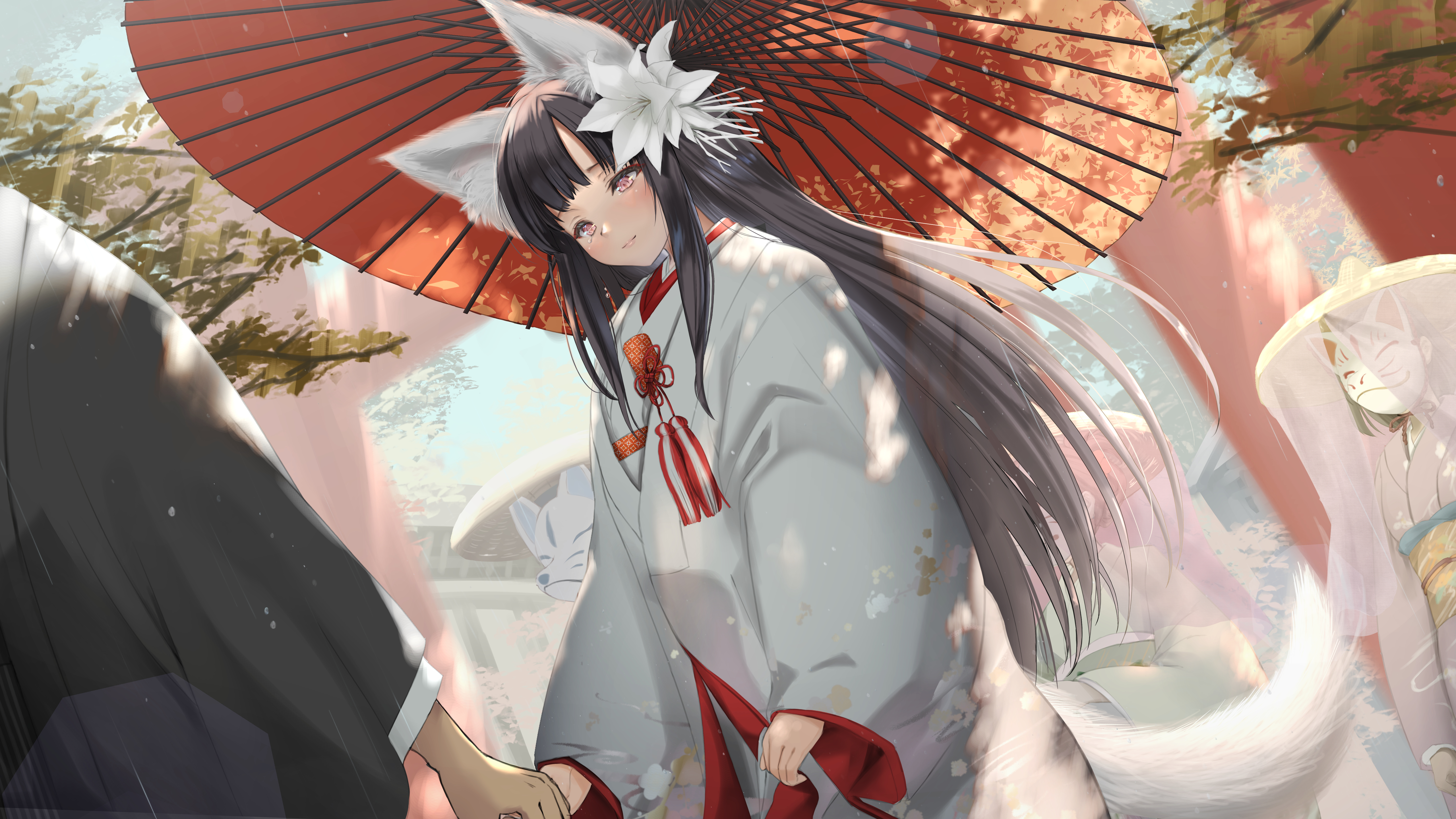 长发 深色头发 粉色眼睛 动漫 女孩 婚礼 服装 雨伞 狐狸少女 婚纱 壁纸 5120×2880