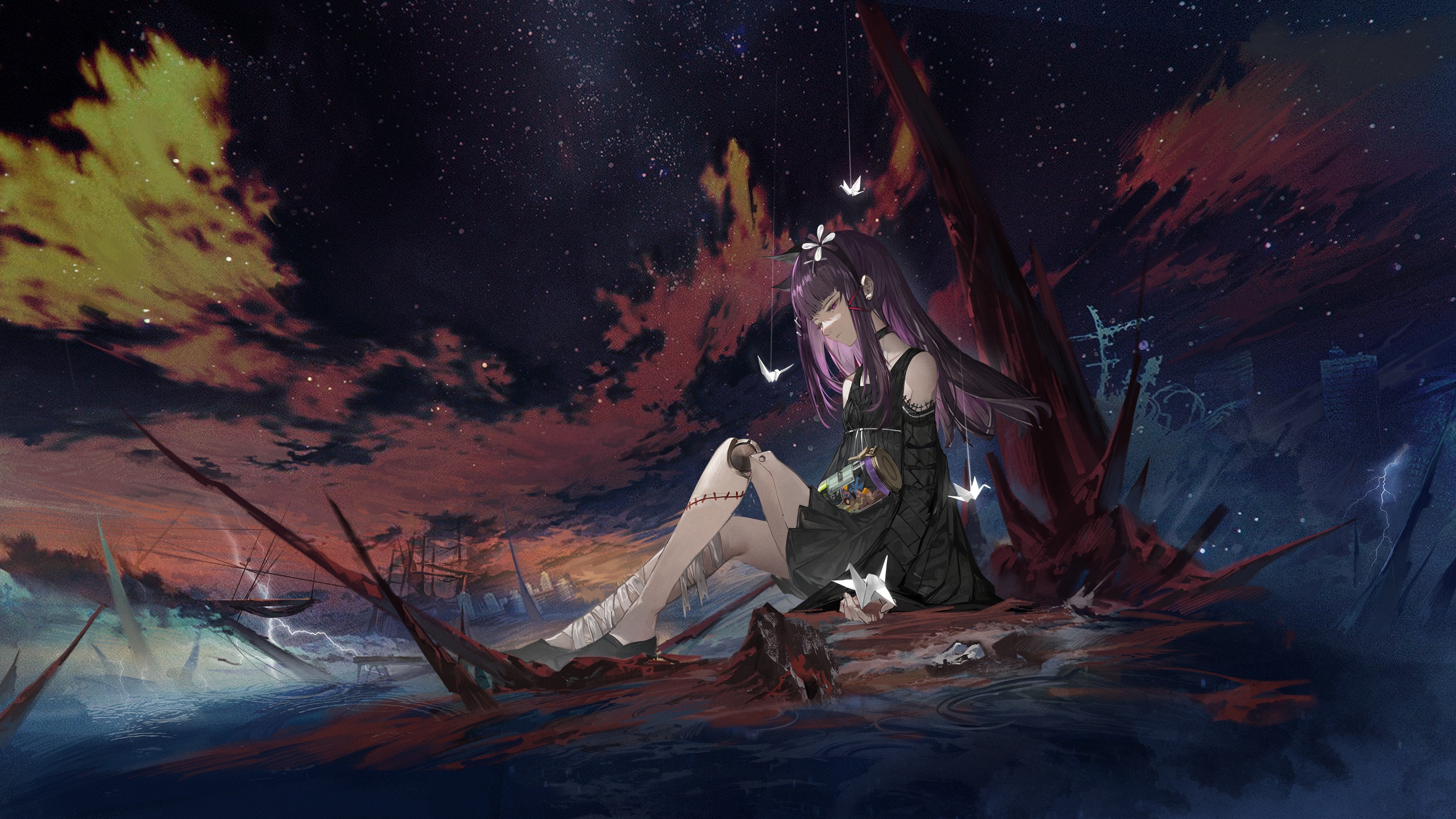精选紫色头发 动漫 女孩 折纸 明星 星夜 血 黑色连衣裙 无水印壁纸 3840×2160
